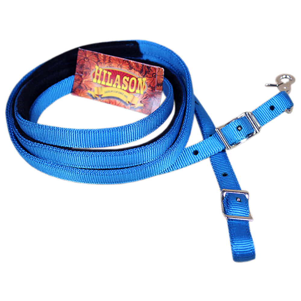 96AI 5/8In X 8Ft Hilason Turquoise Nylon Horse Spilt Contest Rein Tack Nickel Plated