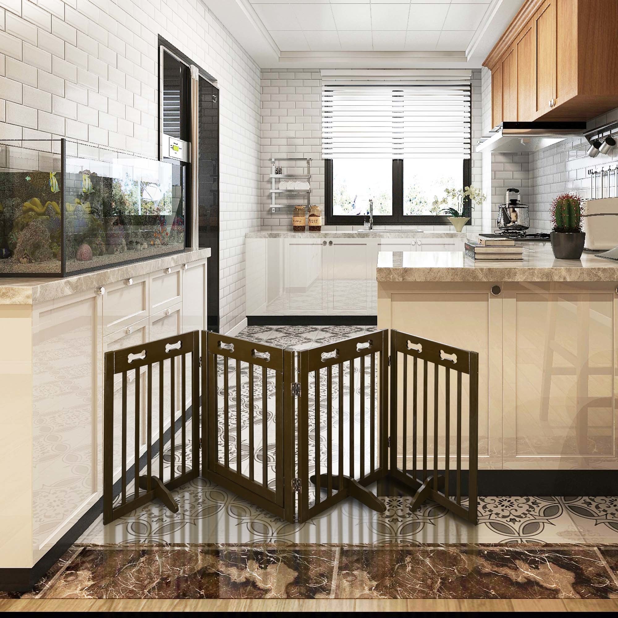 Freestanding Wooden Pet Gate w/ Walk Through Door， 360° Rotation Folding Cat Dog Fences