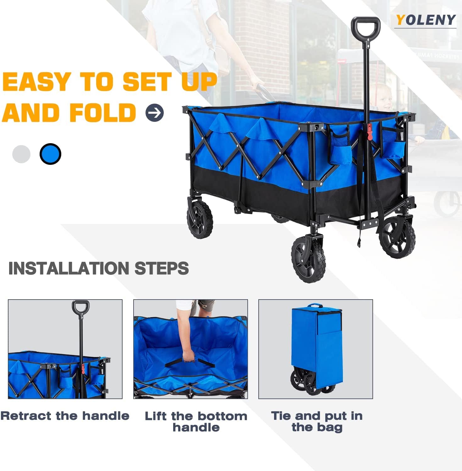 Mellcom Folding Wagon Cart， Outdoor Utility Foldable Trolley for Travel， Shopping， Camping， Blue