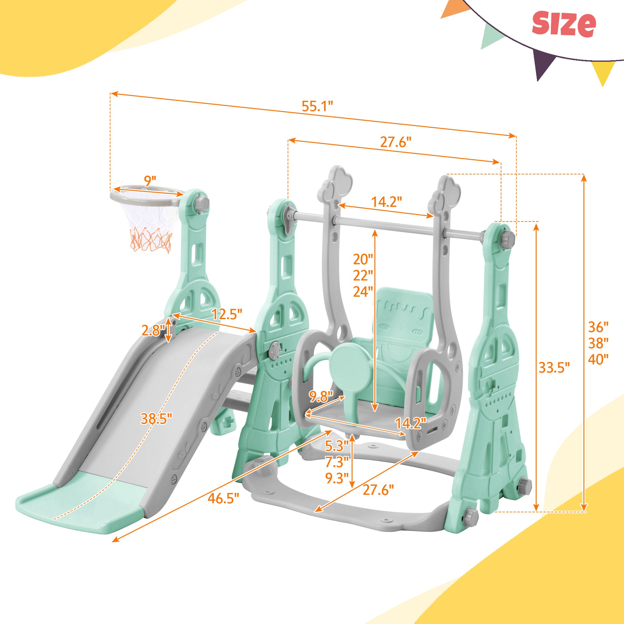 HDJ 3 In 1 Kids Slide and Climber Set with Basketball Hoop，Toddler Slide   Playset for Kids，Indoor Outdoor，Green