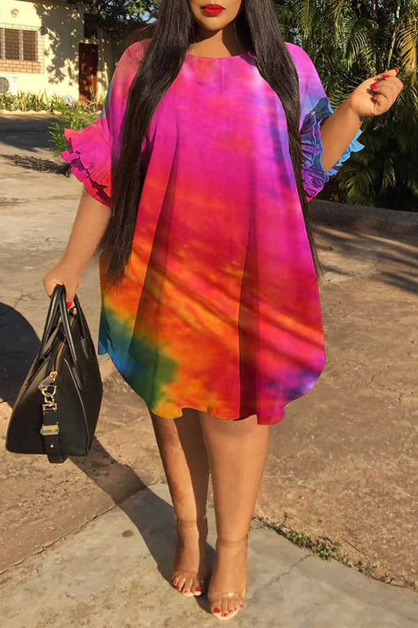 Plus Size Tie Dye Half Ruffle Sleeve Midi Dress