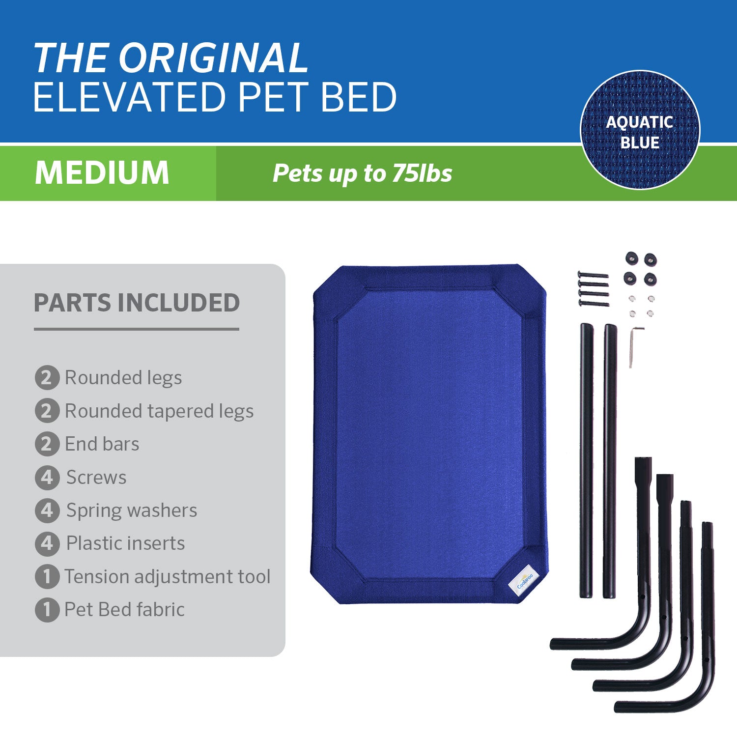 The Original Coolaroo Elevated Pet Dog Bed for Indoors and Outdoors， Medium， Aquatic Blue