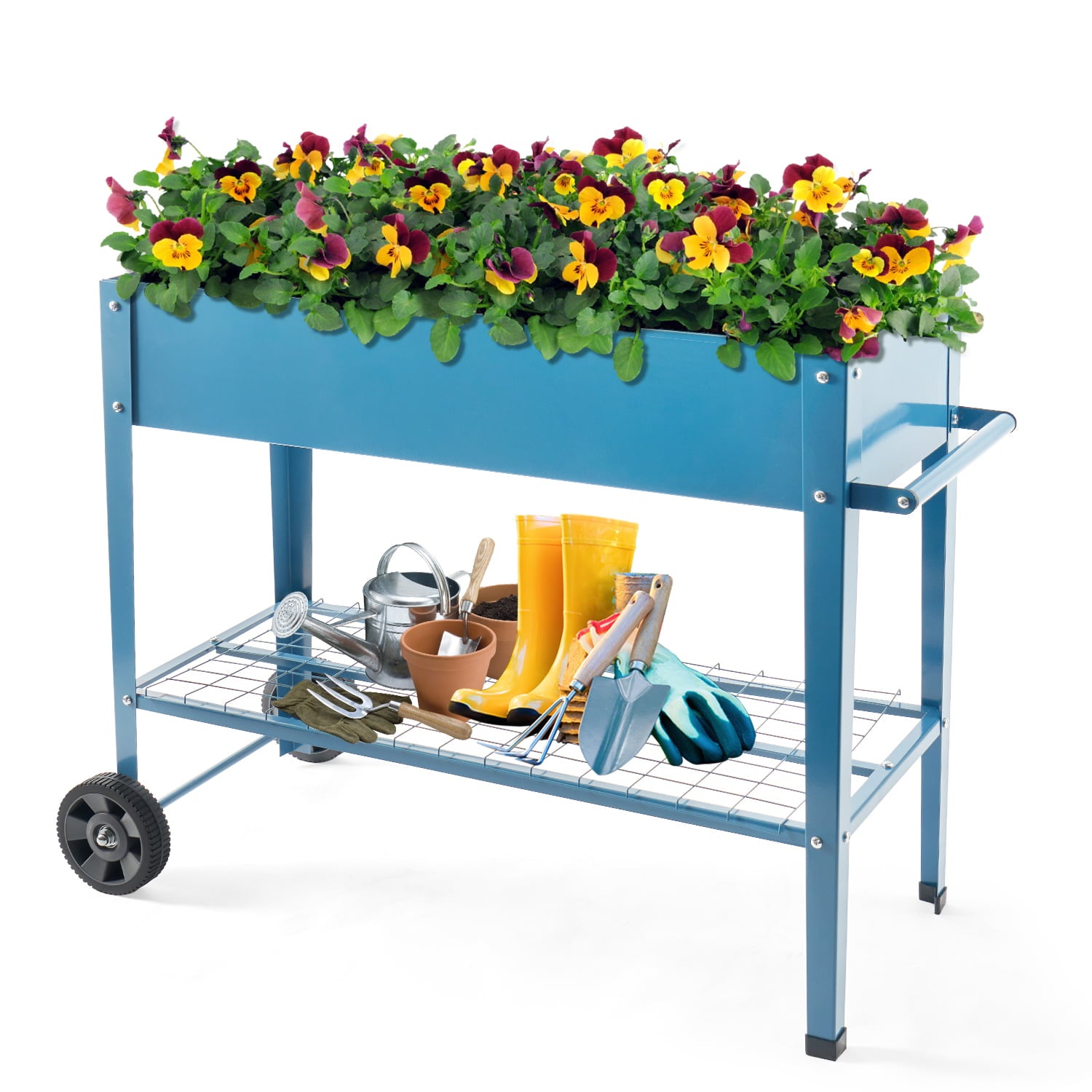 Pushable Blue Metal Raised Garden Bed, Outdoor/Indoor Garden Pots with Handles, Wheels and Shelves, Apartment Patio Stand for Vegetables Flowers Fruits from EXCITED WORK-37.4 inches long