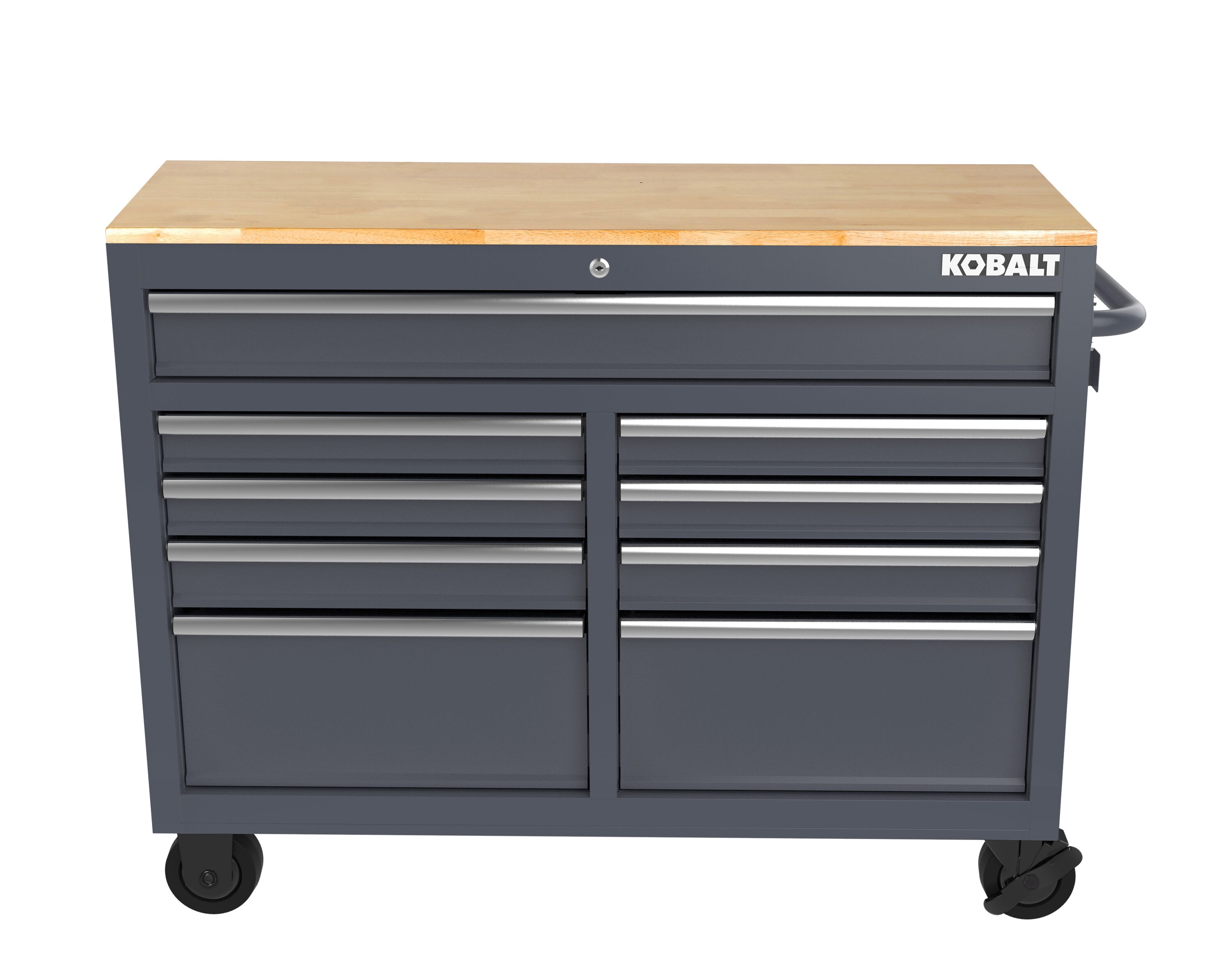 Bancada de trabalho Kobalt com 9 gavetas, 117 cm de comprimento x 94,5 cm de altura, em madeira preta/azul, com rodízios.