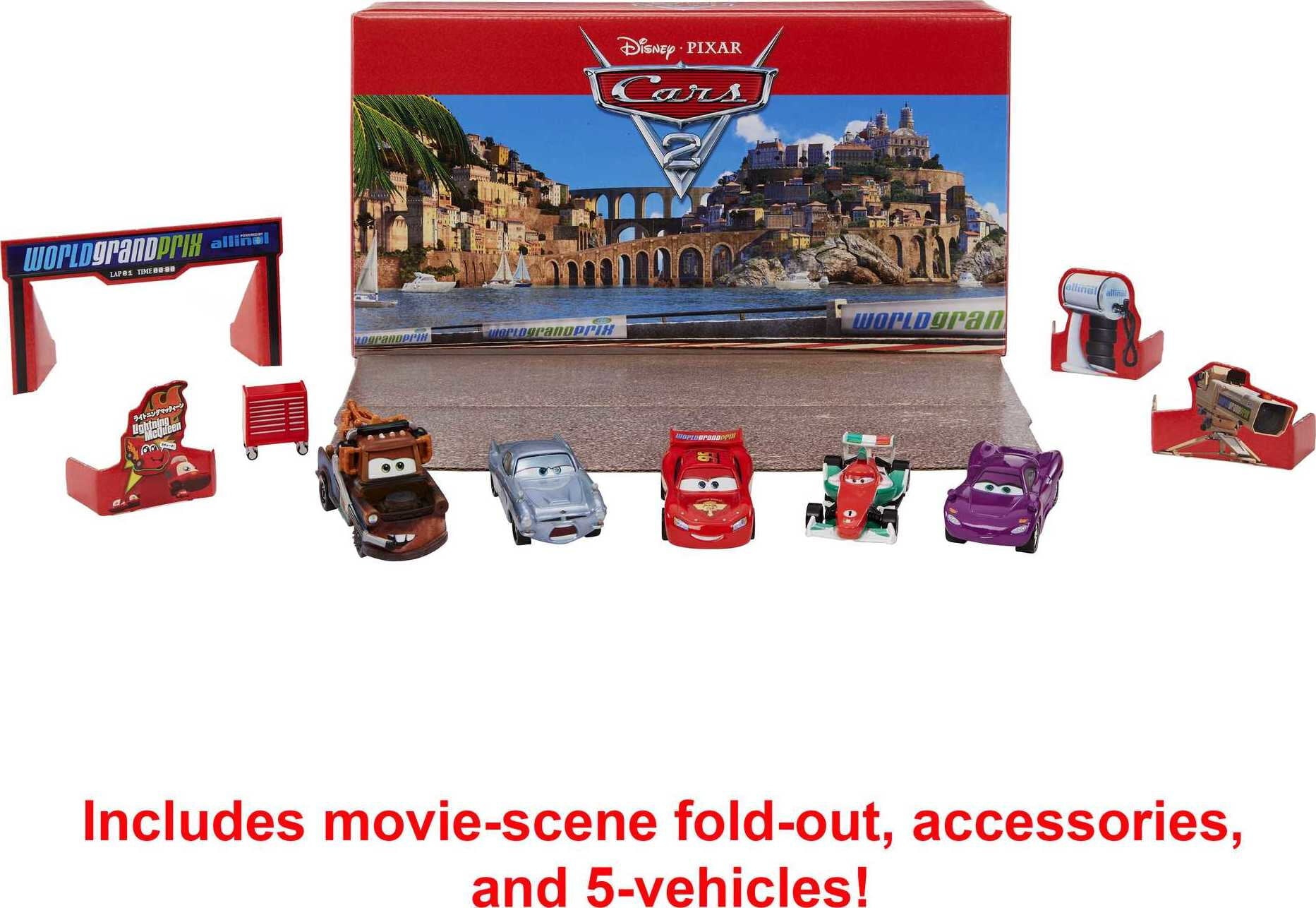 Disney and Pixar Cars 2 Vehicle Set of 5 Collectible Character Toy Cars with Die-Cast Tool Cart