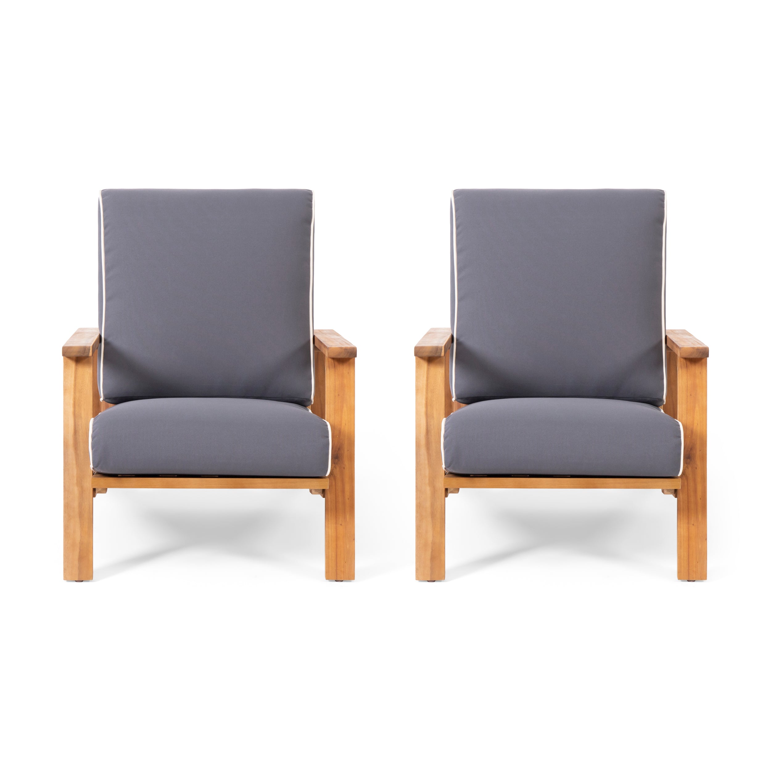 Youssef Outdoor Acacia Wood Club Chairs with Cushions (Set of 2)