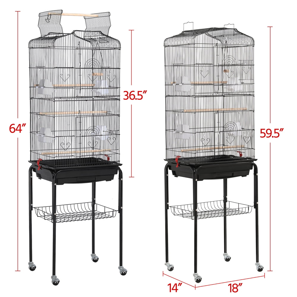 Easyfashion 64'' H Rolling Birdcage Parrot Cage with Open Top Black