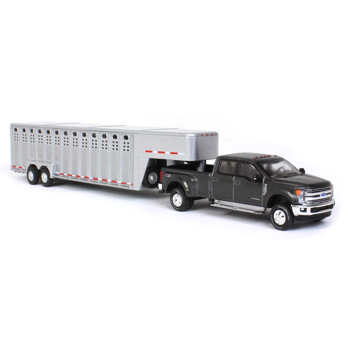 1/64 2019 Ford F-350， Magnetic Silver With Silver 3 Hole Gooseneck Livestock Trailer 51301-C