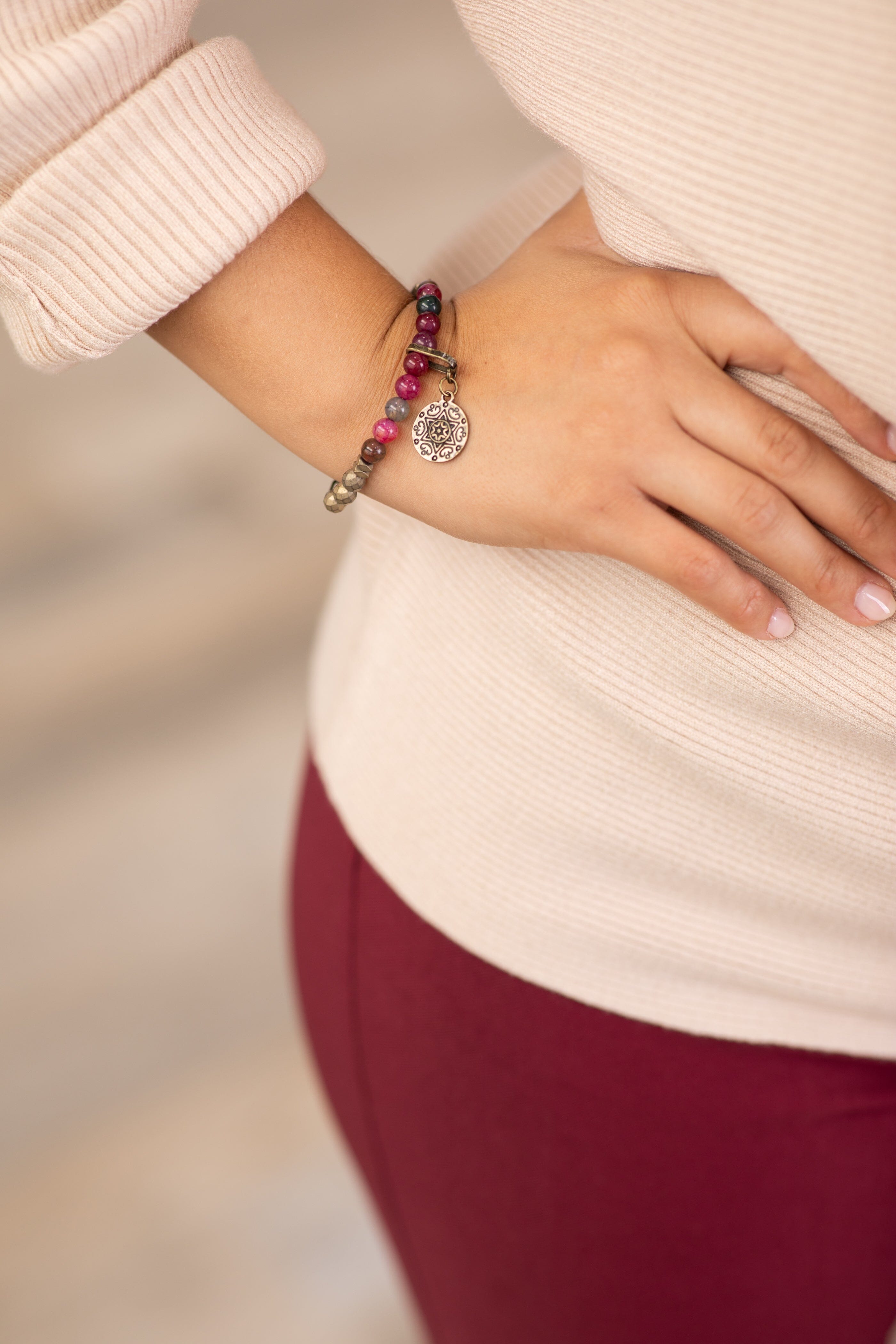 Teal and Berry Beaded Necklace With Charm