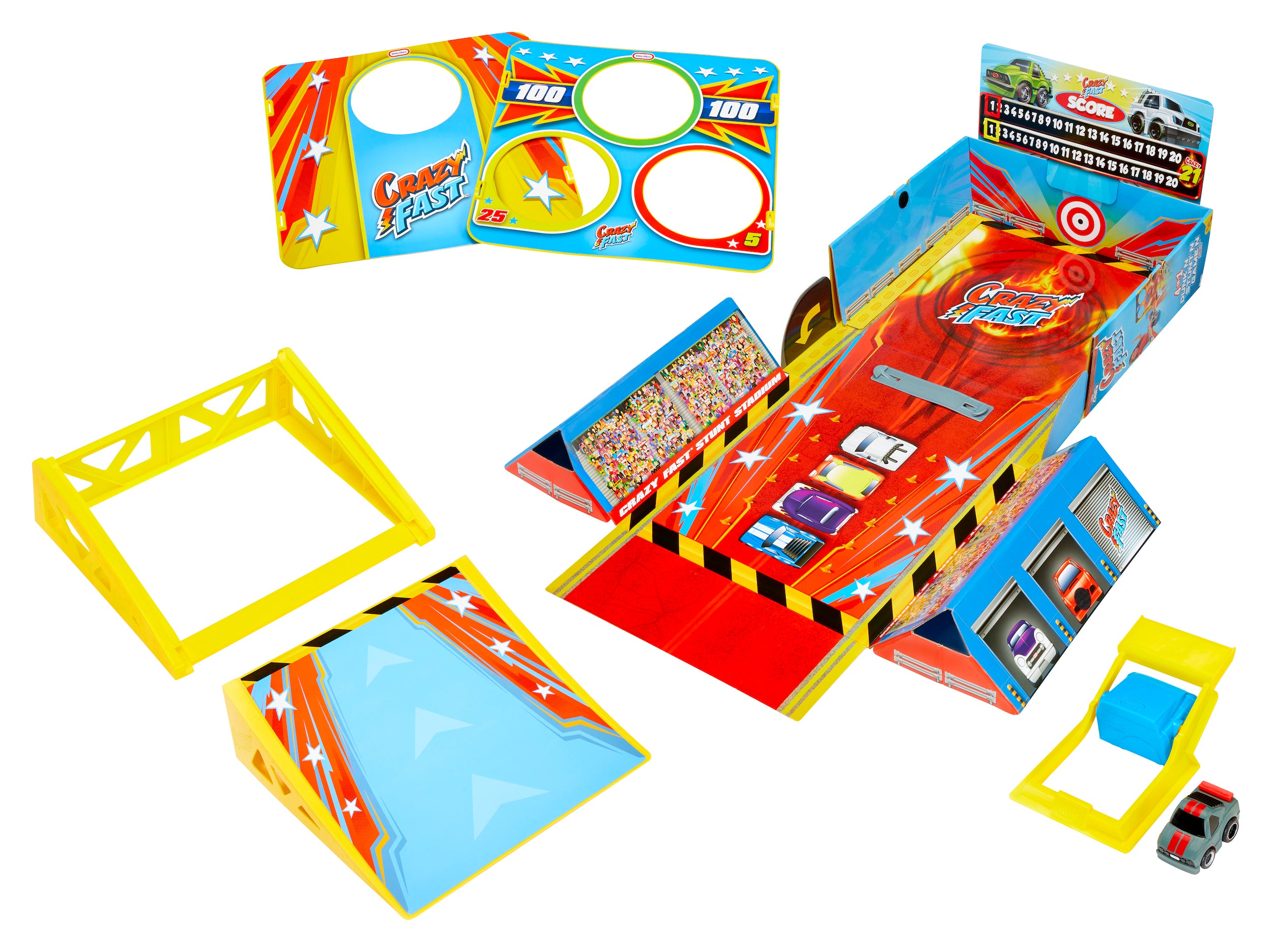 Little Tikes My First Cars Crazy Fast 4-in-1 Dunk’n， Stunt’n， Game’n Set with one Exclusive Pullback Toy Car Vehicle， Goes up to 50ft!