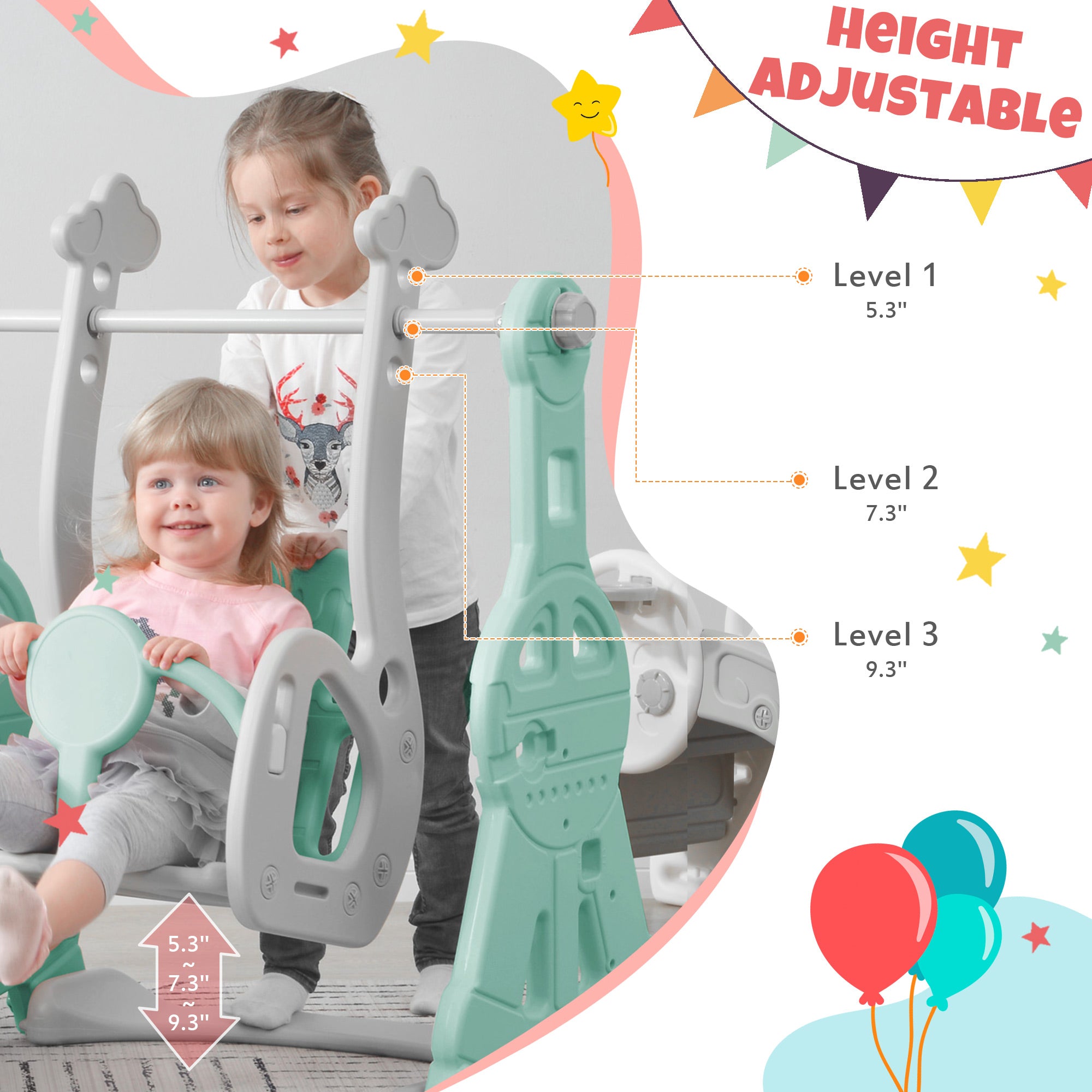 HDJ 3 In 1 Kids Slide and Climber Set with Basketball Hoop，Toddler Slide   Playset for Kids，Indoor Outdoor，Green