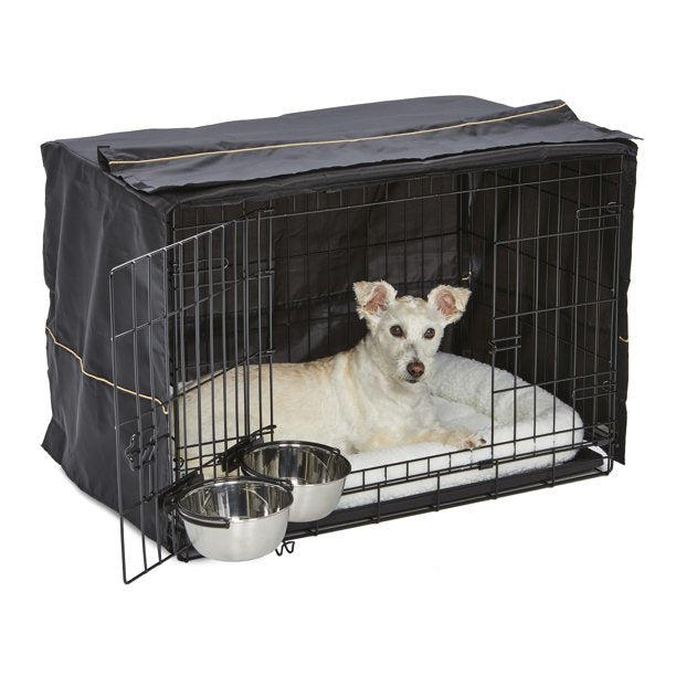 Dog Crate Starter Kit | 1 Double-Door iCrate， 1 Pet Bed， 1Crate Cover and 2 Pet Bowls， Medium 30