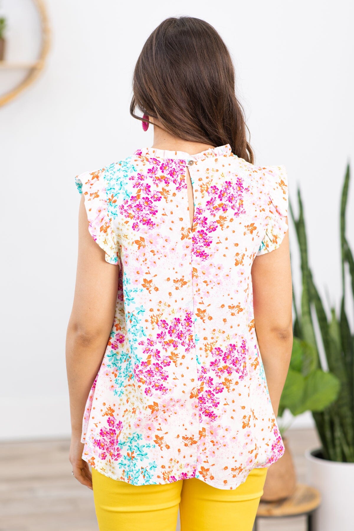 Pink Multicolor Floral Ruffle Sleeve Top