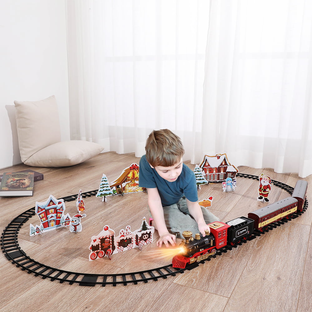TEMI Electric Christmas Train Toy Set Car Railway Tracks Steam Locomotive Engine Diecast Model Educational Game Boy Toys for Children