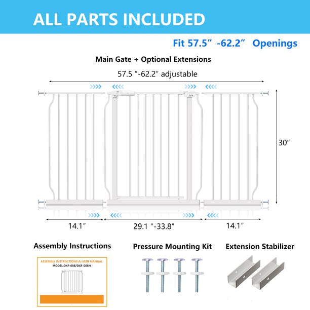 Extra Wide and Tall Baby Gate， Auto-Close and Hold-Open Pet Gates， Easy Walk Thru Indoor Safety Gate with 4 Pack of Pressure Mount Kit， Dog Gates with Optional Extension Kit for 57.5