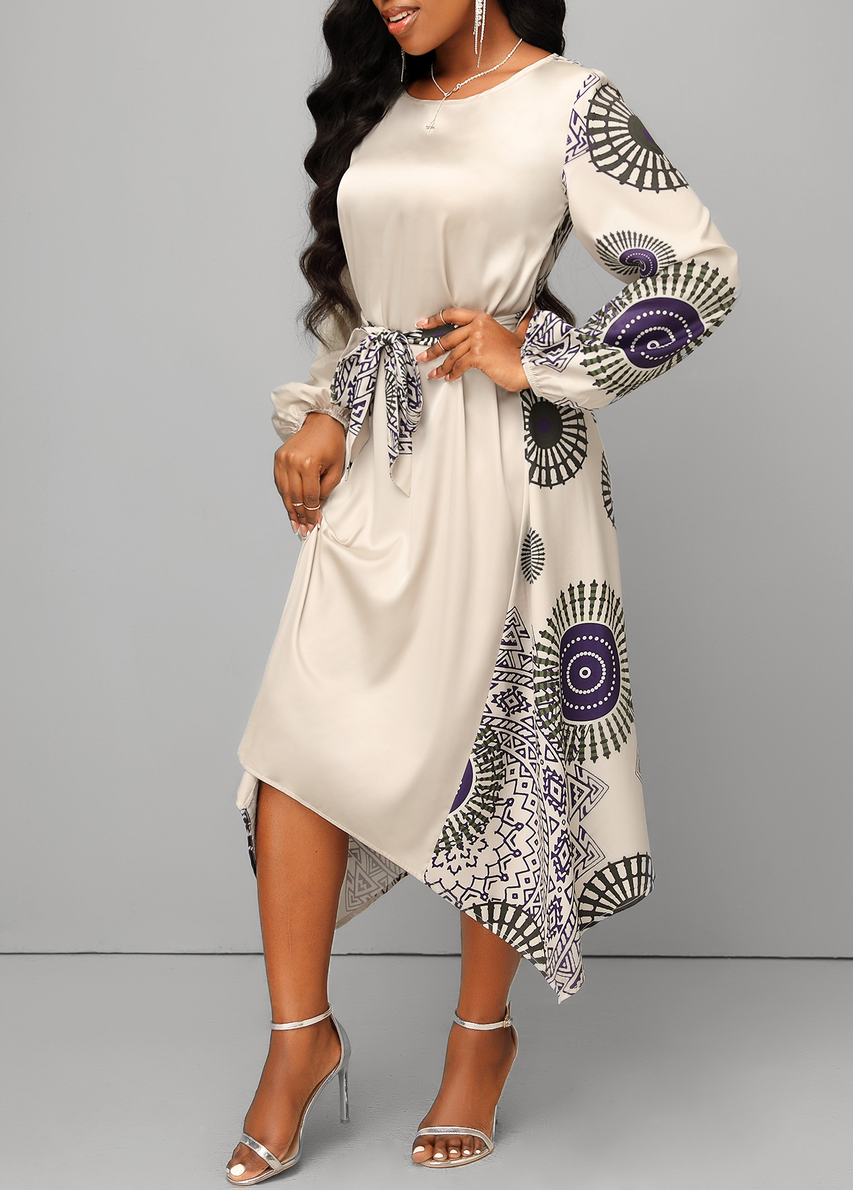 Tribal Print Handkerchief Hem Belted Beige Dress