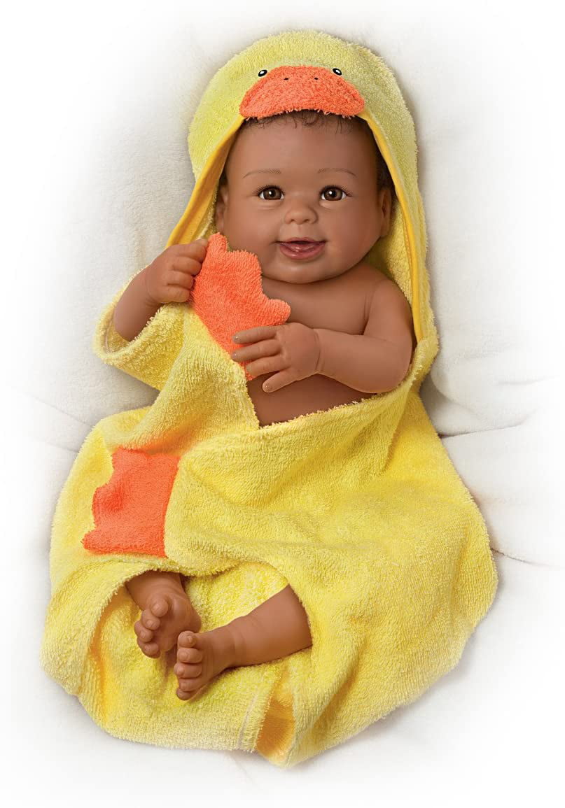 The Ashton-Drake Galleries Linda Murray "Rub-A-Dub-Dub, Layla" Washable African American Black Baby Doll with Ducky Towel and Accessories , 17.5-Inch/44.5-cm