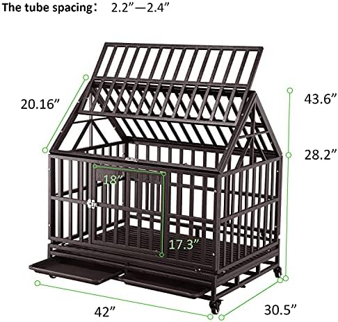 Dog Cage Crate Kennel Heavy Duty Tear Resistant Square Tube With Four Wheels For Large Dogs Easy To Install (42 Inch Roof， Brown)