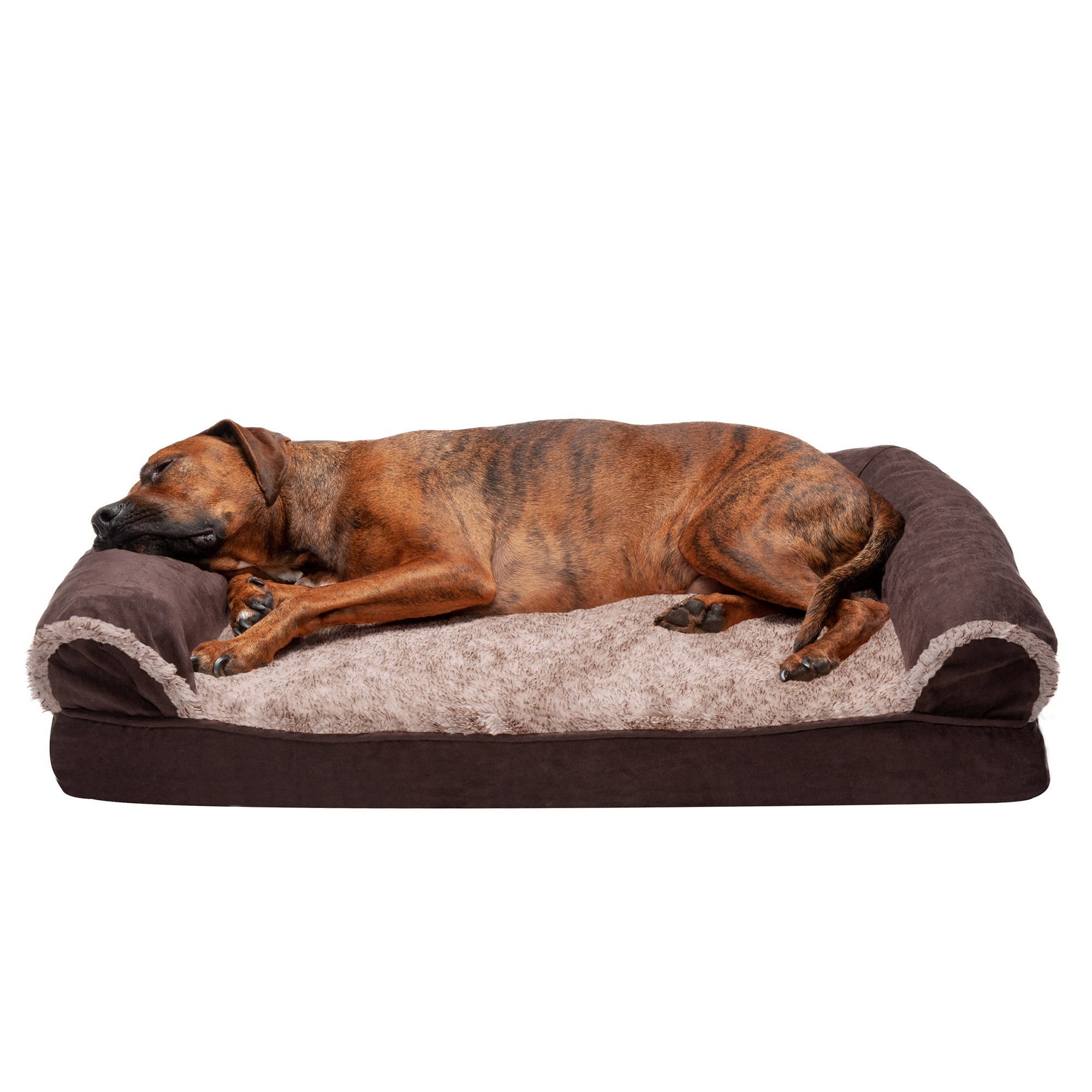 FurHaven Pet Products | Cooling Gel Memory Foam Orthopedic Two-Tone Faux Fur and Suede Sofa-Style Couch Pet Bed for Dogs and Cats， Espresso， Large