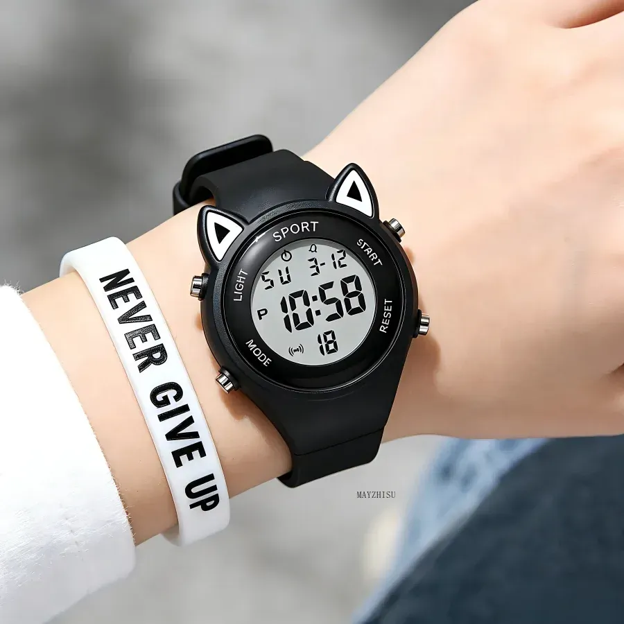 LIUYANGTIAN 3D Cat-ear Women Watch with Bracelet Sports Electronic Watches for Girls and Boys Student Waterproof LED Digital Wristwatch Gift