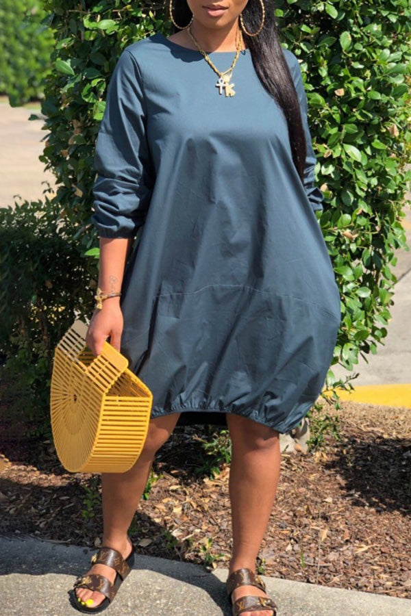 Casual Loose Solid Color Pocket Midi Dress