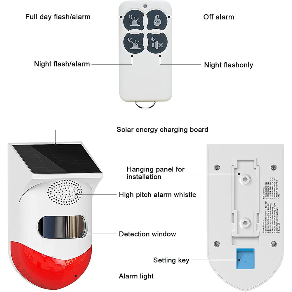 Paddsun 2 PACK Solar Strobe Alarm Light with Motion Sensor Siren Outdoor and IP67 Waterproof Remote Controller 120db Sound Security Siren Light