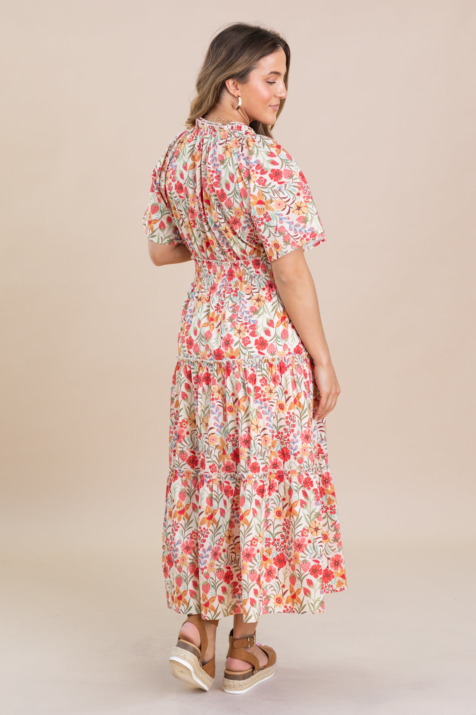 Coral Floral Tiered Maxi Dress