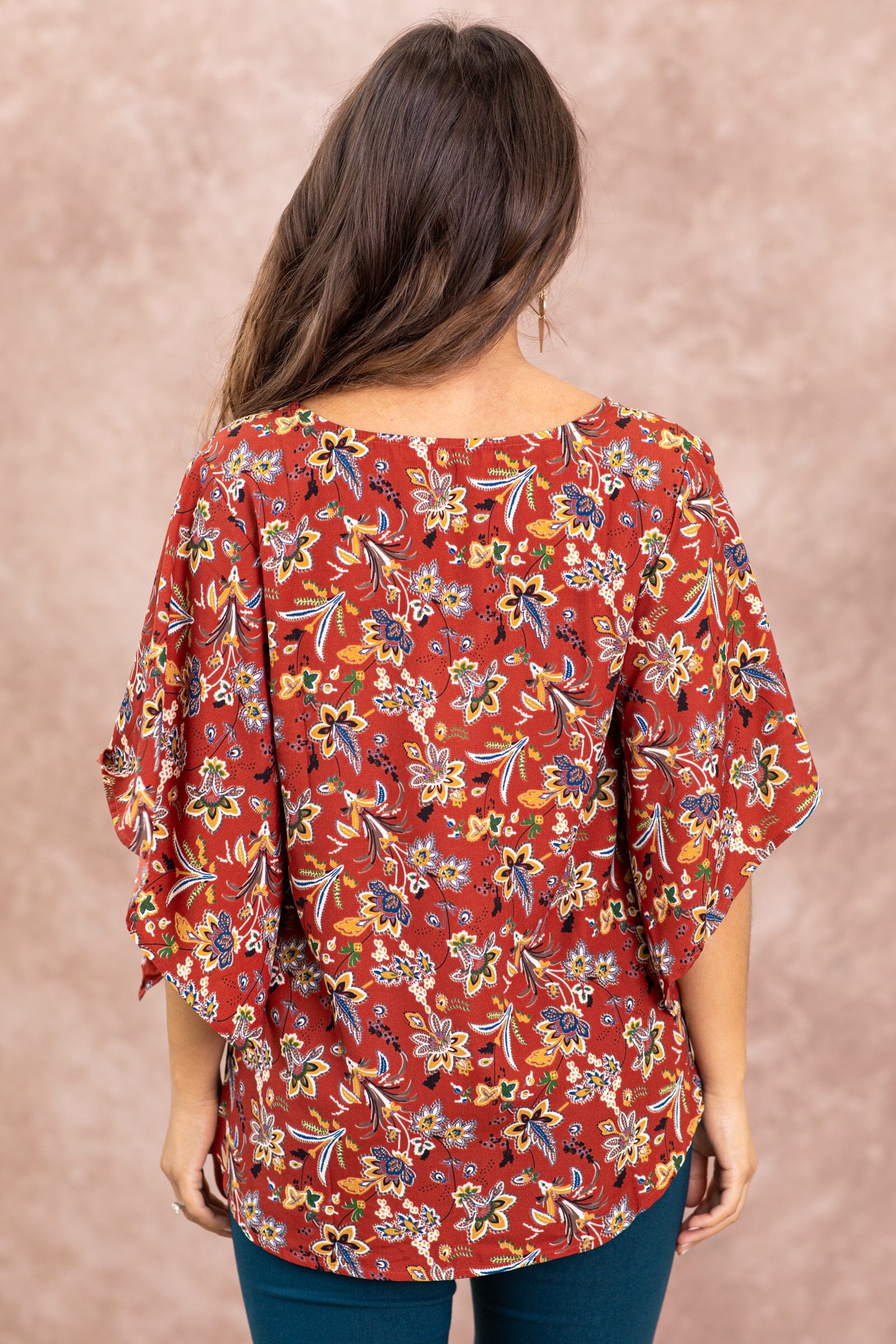 Maroon Floral Print Dolman Sleeve Top