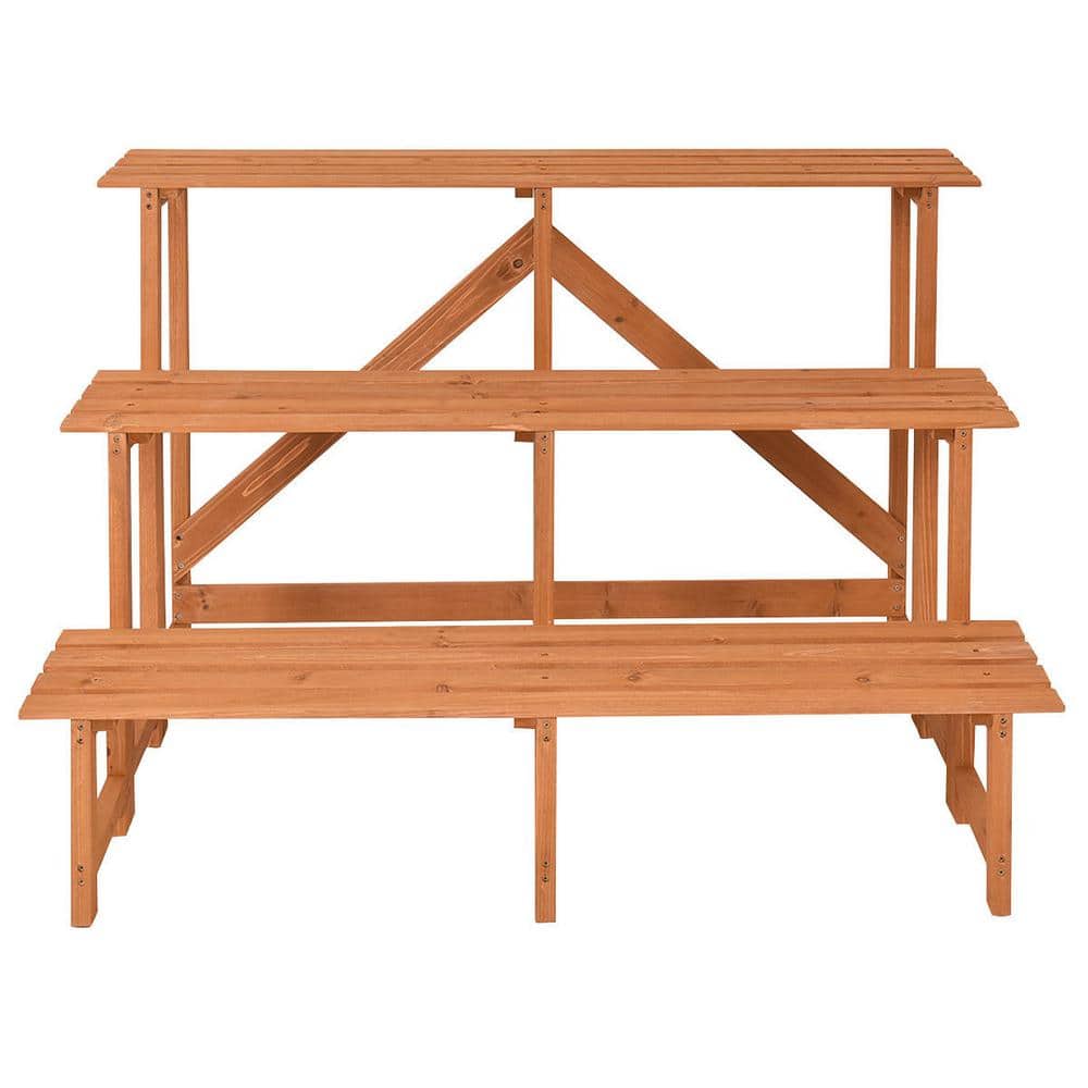 Costway 47 in. L x 31 in. W x 32.5 in. H Indoor/Outdoor Yellow Wood Plant Stand 3-Tier CYW50356