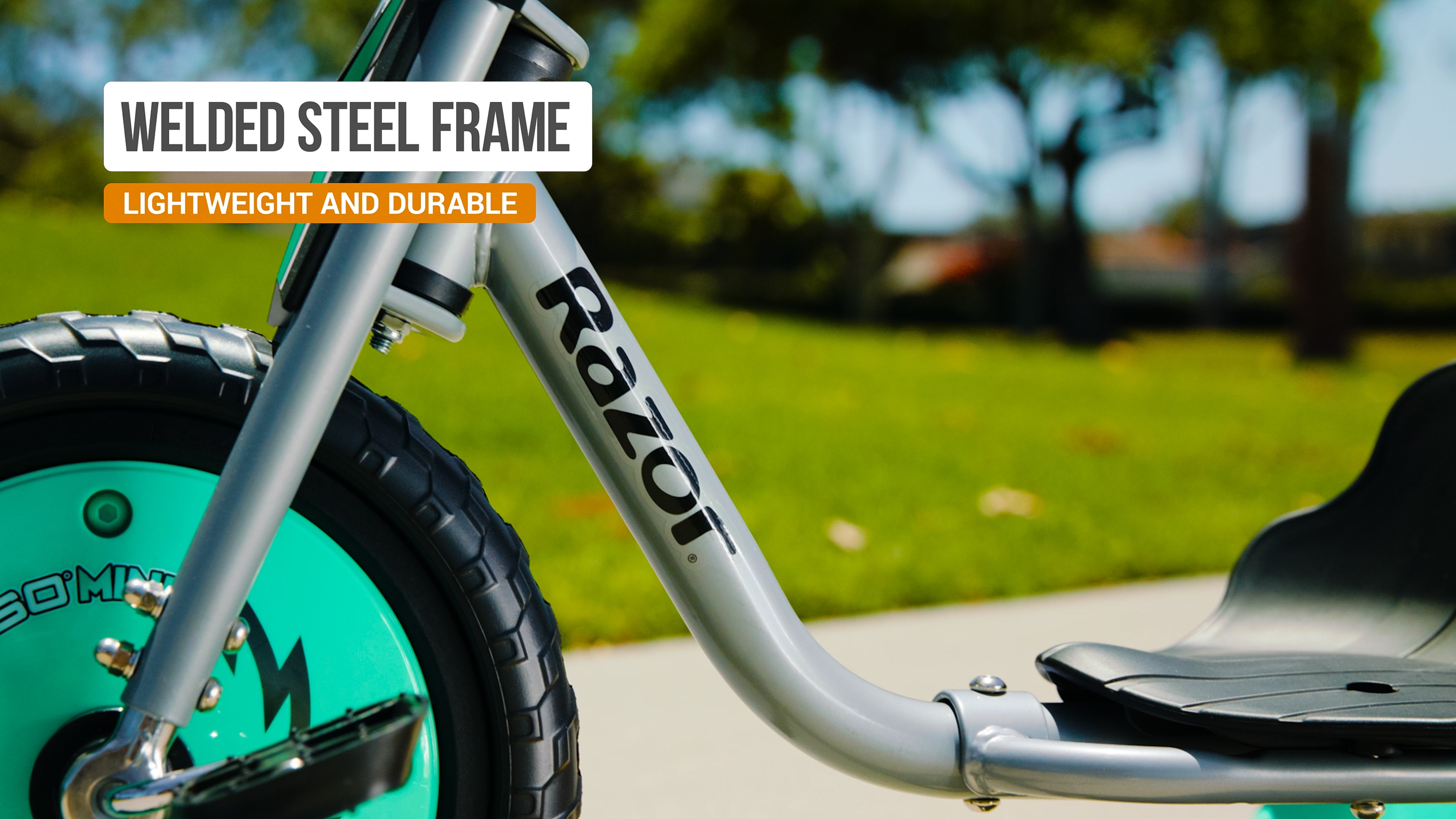 Razor RipRider 360 Mini - Teal， 360 Degrees Caster Tricycle， Dual Inclined Rear Casters， Durable Welded Steel， Adjustable Bucket Seat