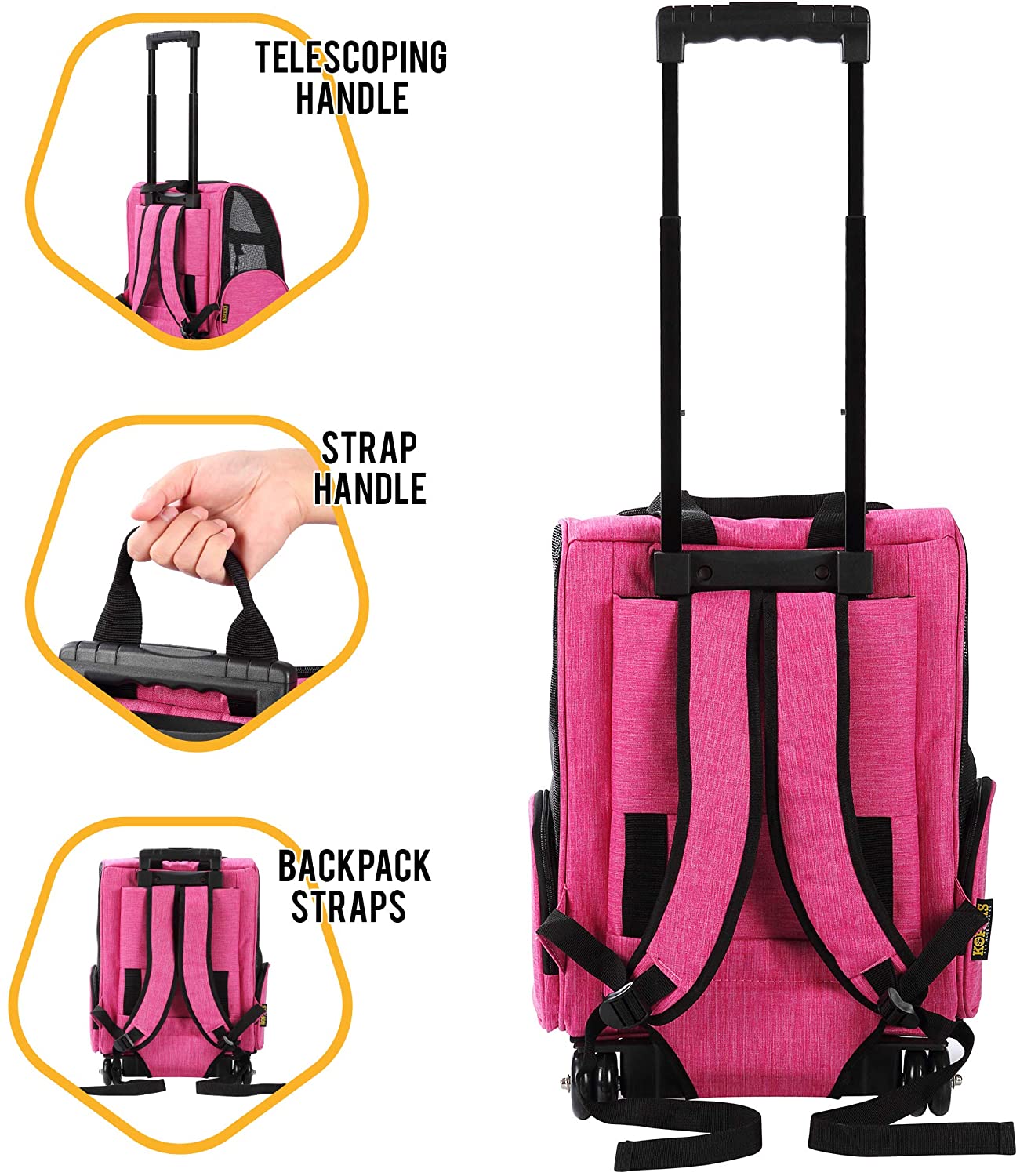 Deluxe Backpack Pet Travel Carrier with Double Wheels - Heather Pink - Approved by Most Airlines
