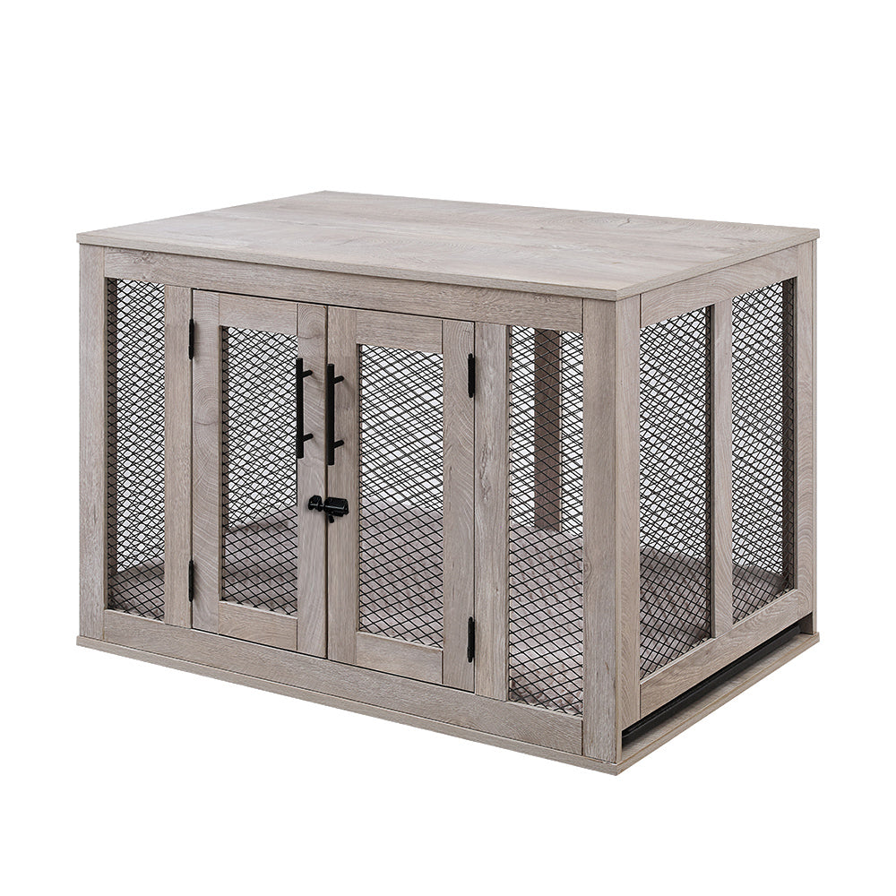 Unipaws Dog Crate Furniture with Cushion and Tray， Wooden and Metal Dog Kennels， Medium Pet Kennel End Table Indoor
