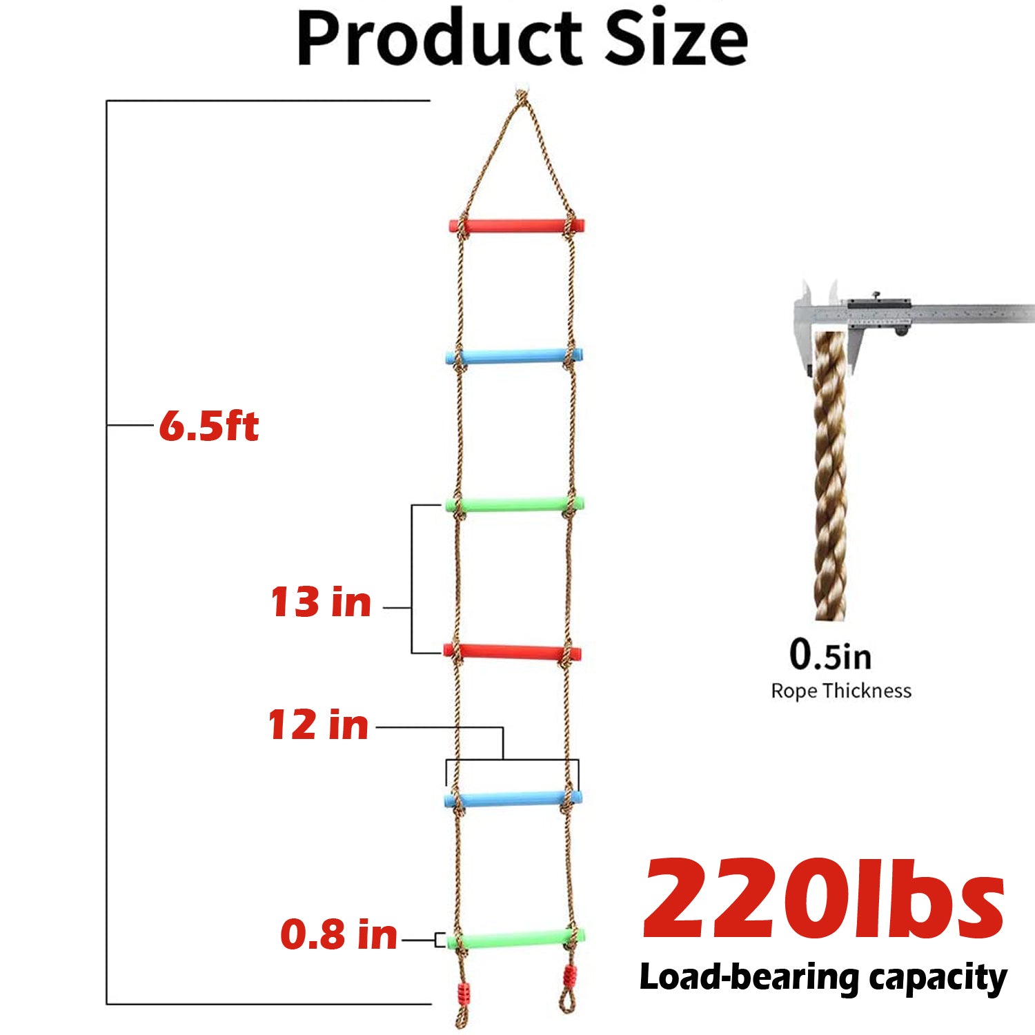 Odoland 6 Rung Rainbow Plastic Climbing Rope Ladder for Kids， Hanging Swing Ladder Toy， Children Exercise Equipment for Indoor Backyard Playground