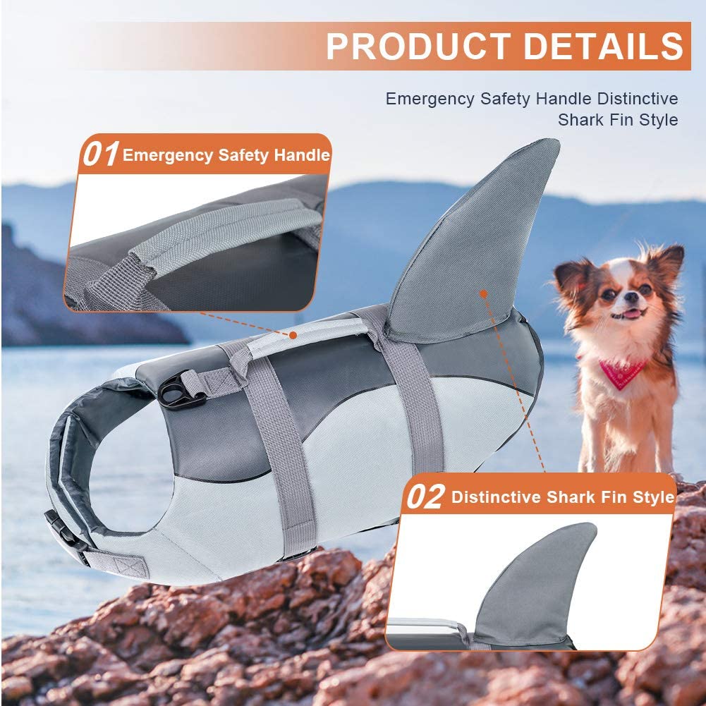 Dog Life Jacket， Ripstop Dog Safety Shark Vest with Adjustable Preserver and Durable Rescue Handle for Small，Medium and Large Dogs