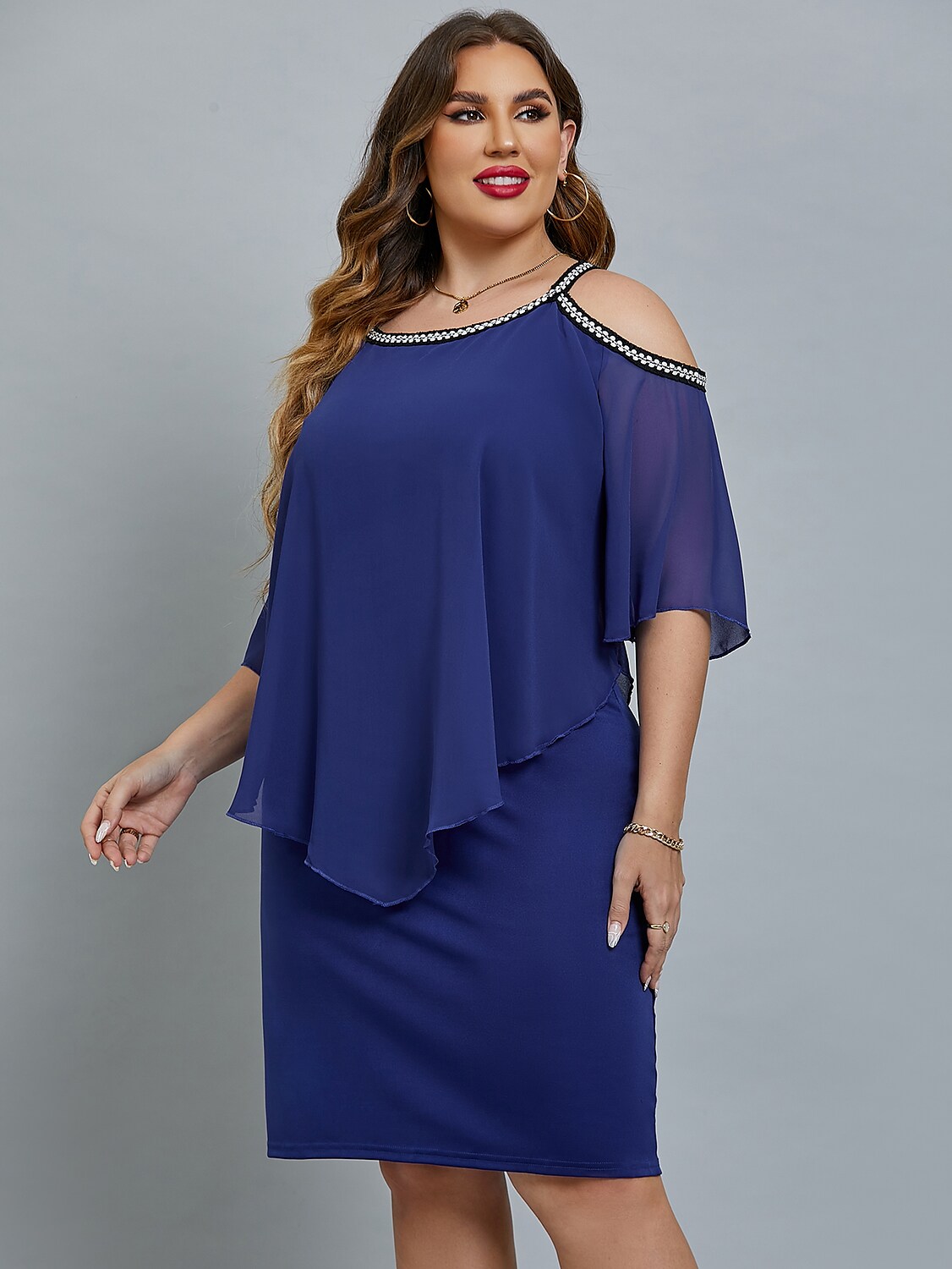 Women's Plus Size Curve Party Dress Solid Color Crew Neck Sequins Half Sleeve Fall Spring Elegant Sequins Prom Dress Midi Dress Formal Party Dress / Sequin Dress / Layered