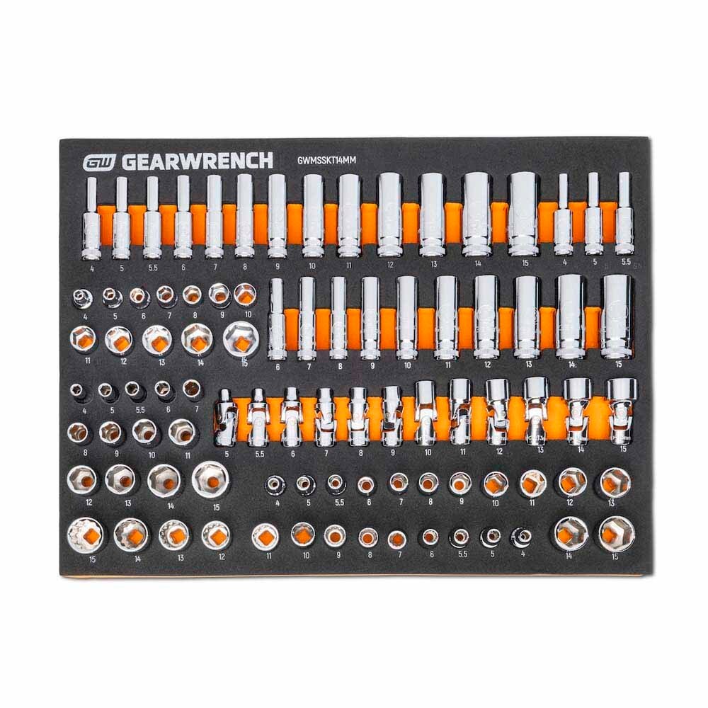 GearWrench MEGAMOD358 - Jogo de ferramentas mecânicas métricas MEGAMOD com 358 peças, acondicionadas em bandejas modulares de espuma com armário sobre rodas.