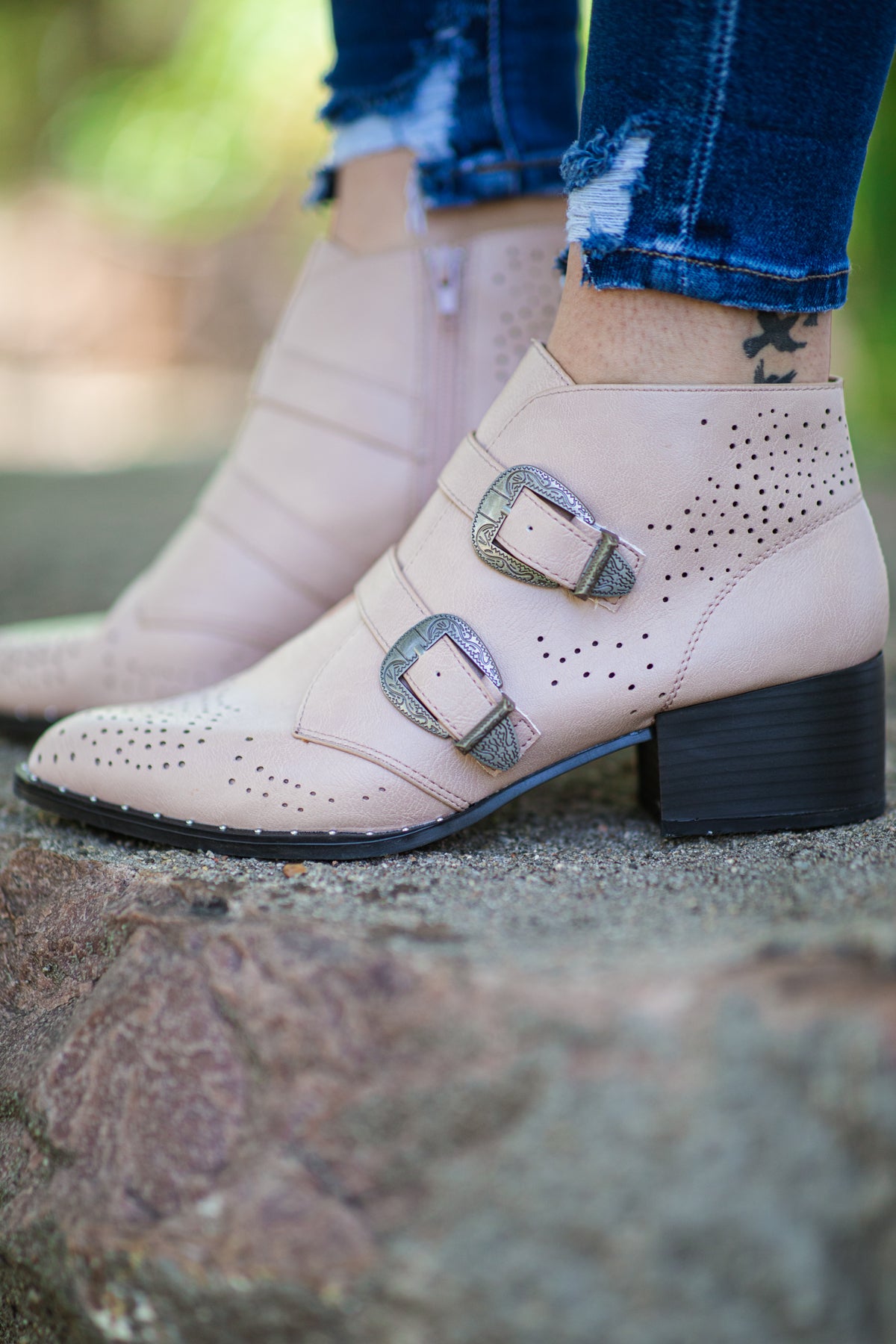 Beige Perforated Detail Booties With Buckles