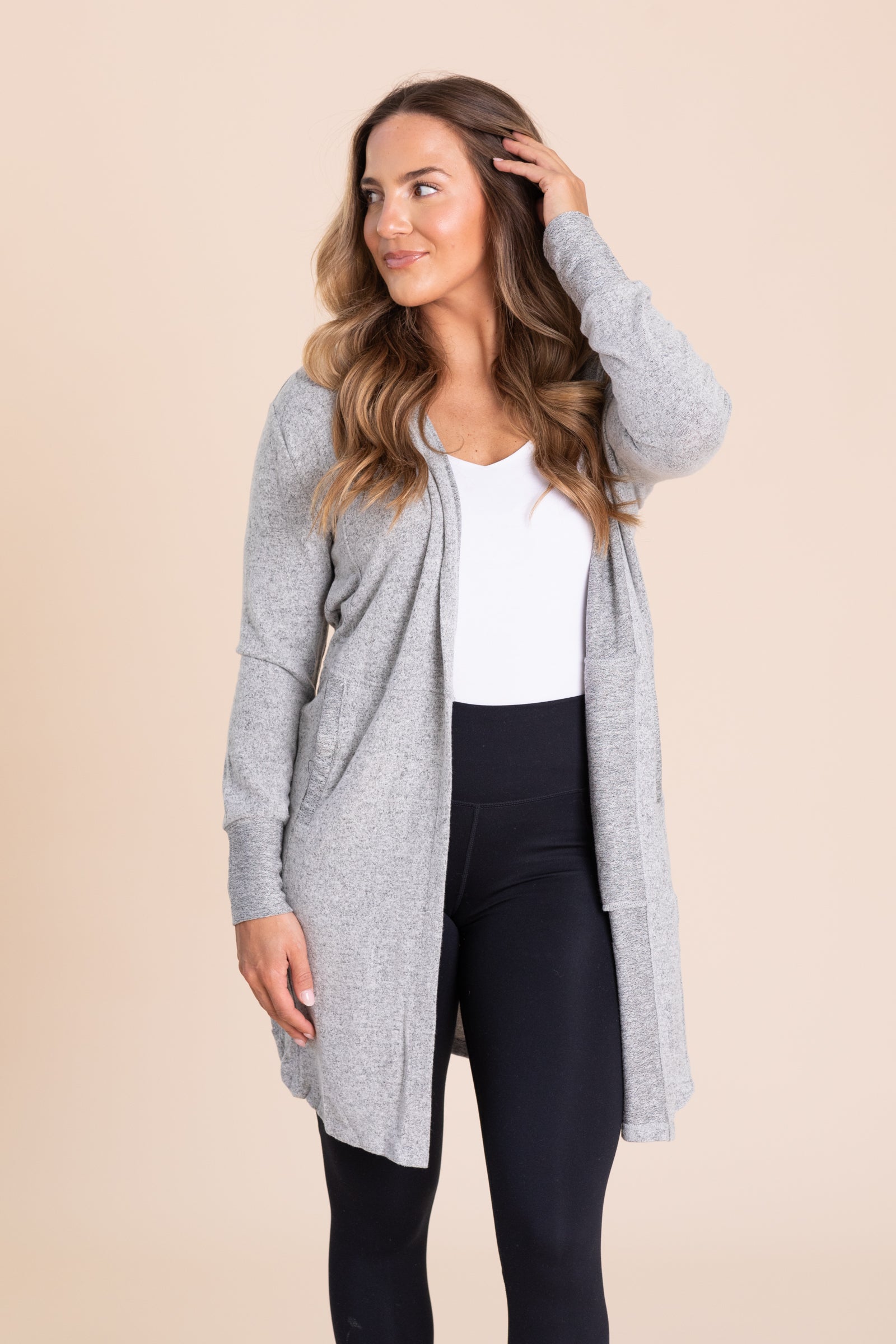 Grey Open Front Hooded Hacci Cardigan