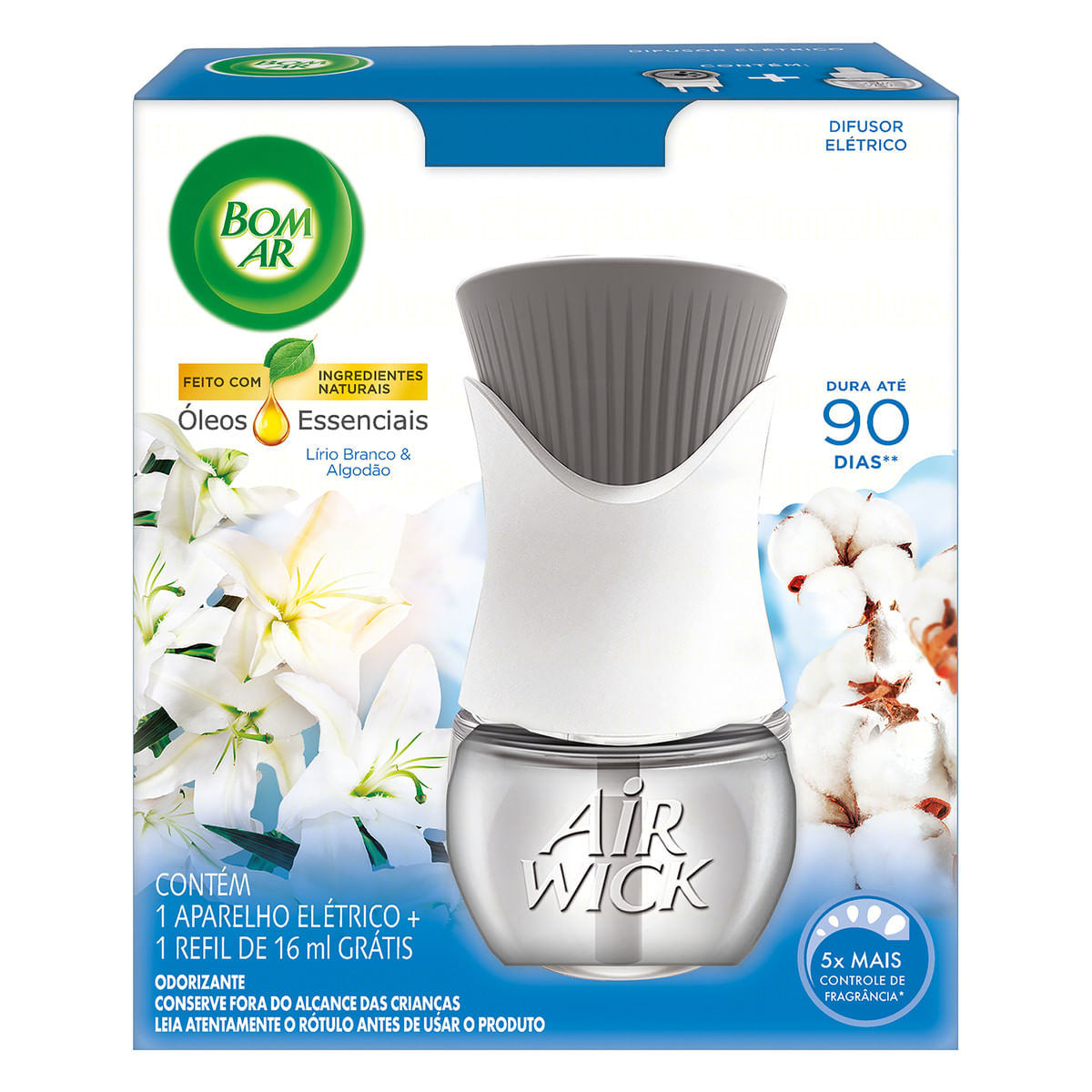 Difusor Eletrico Bom Ar Lirio Branco e Algodao Aparelho + Refil 16ml