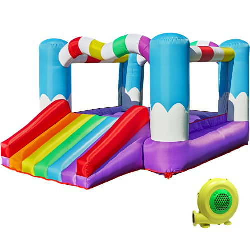 TURFEE Rainbow Inflatable Jumper Bounce House with Blower，Bounce House with Slide， Repair Patches， and Stakes， for Kids Indoor Outdoor.Easy Set Up，Backyard and Party Fun，138x 106 x 73