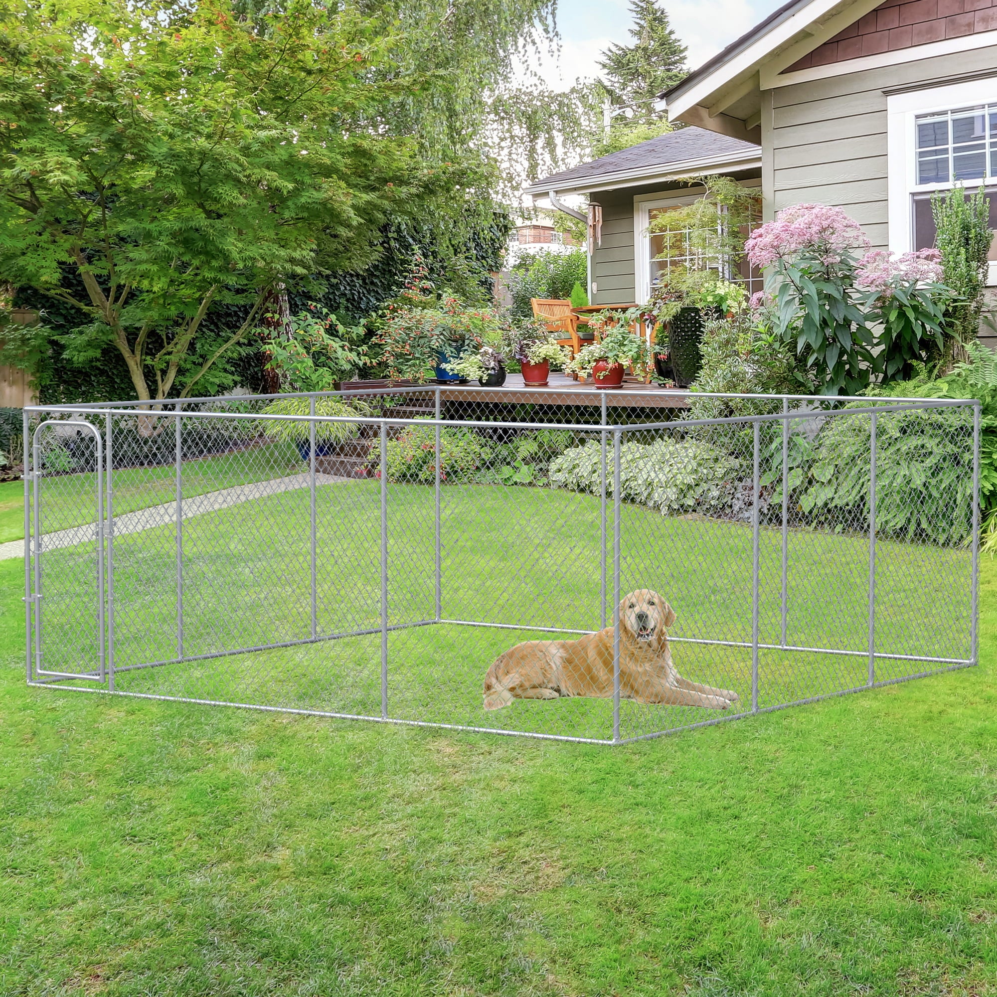 Pawhut Dog Kennel， 15' x 15' x 6'， Silver， Outdoor