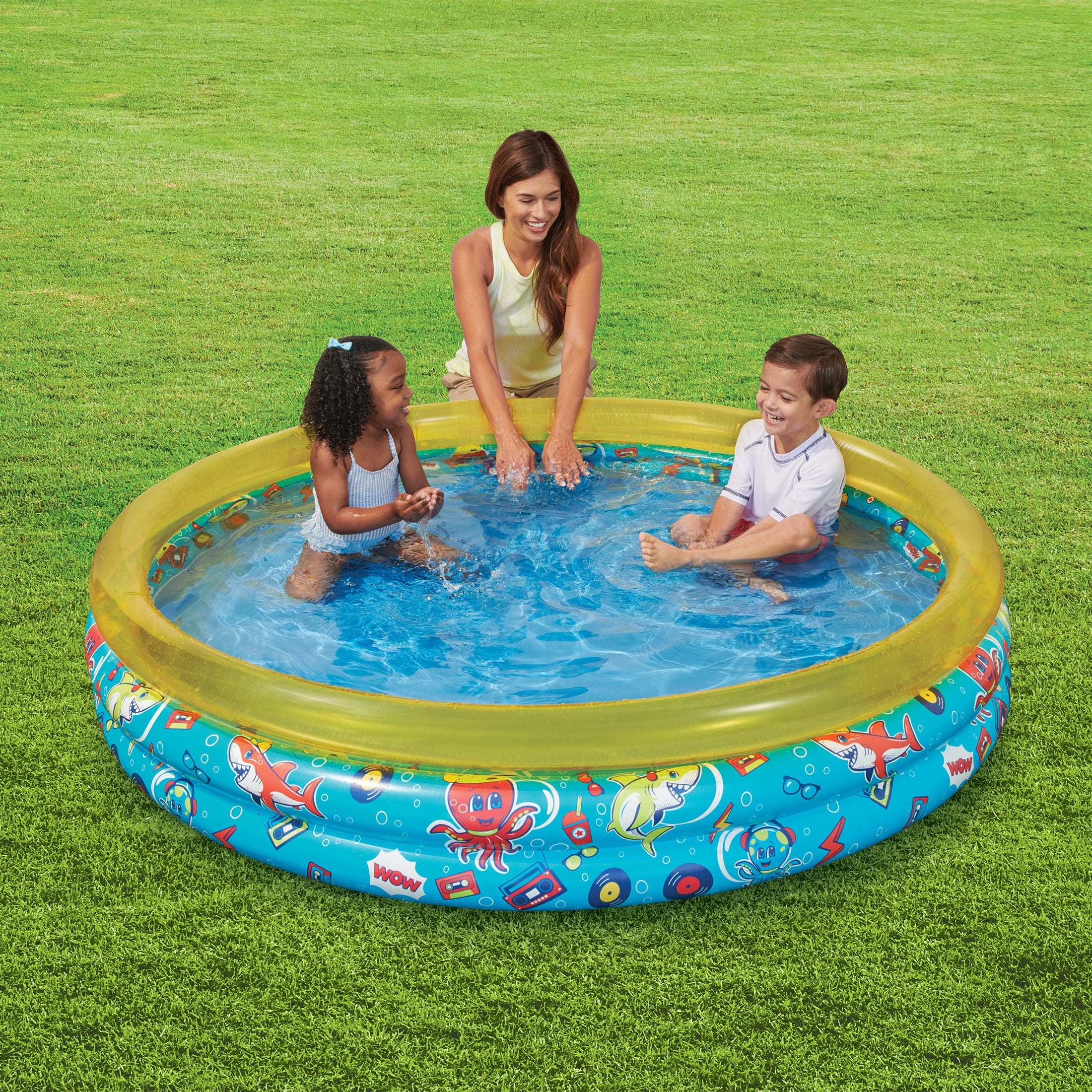 Round Inflatable 3-Ring Kiddie Splash Play Pool， Yellow， For Kids， Age 2 and up， Unisex