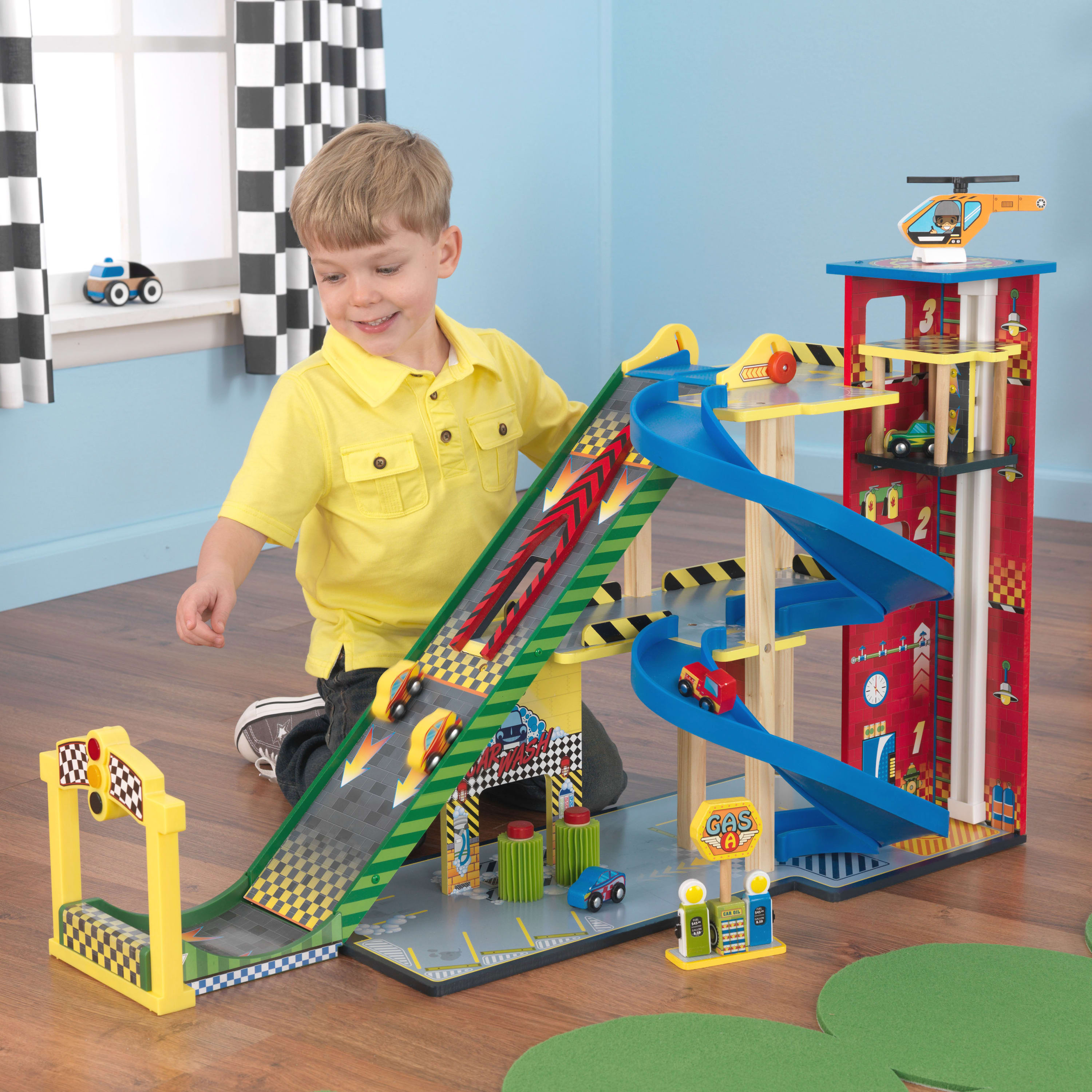 KidKraft Mega Ramp Wooden Racing Play Set with 5 Vehicles. Lights and Moving Elevator