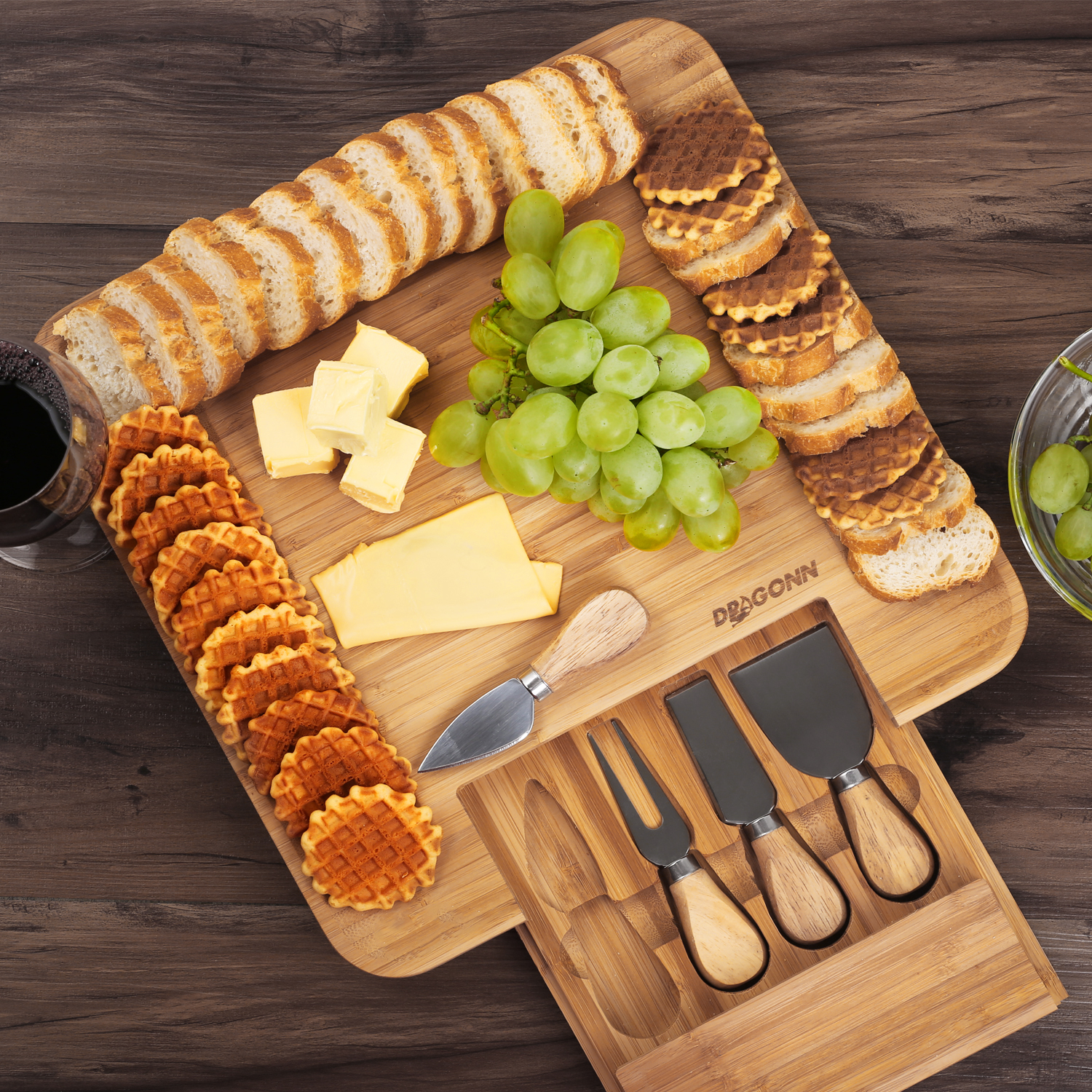DRAGONN Natural Bamboo Cheese Board and Charcuterie Platter with Hidden Drawer