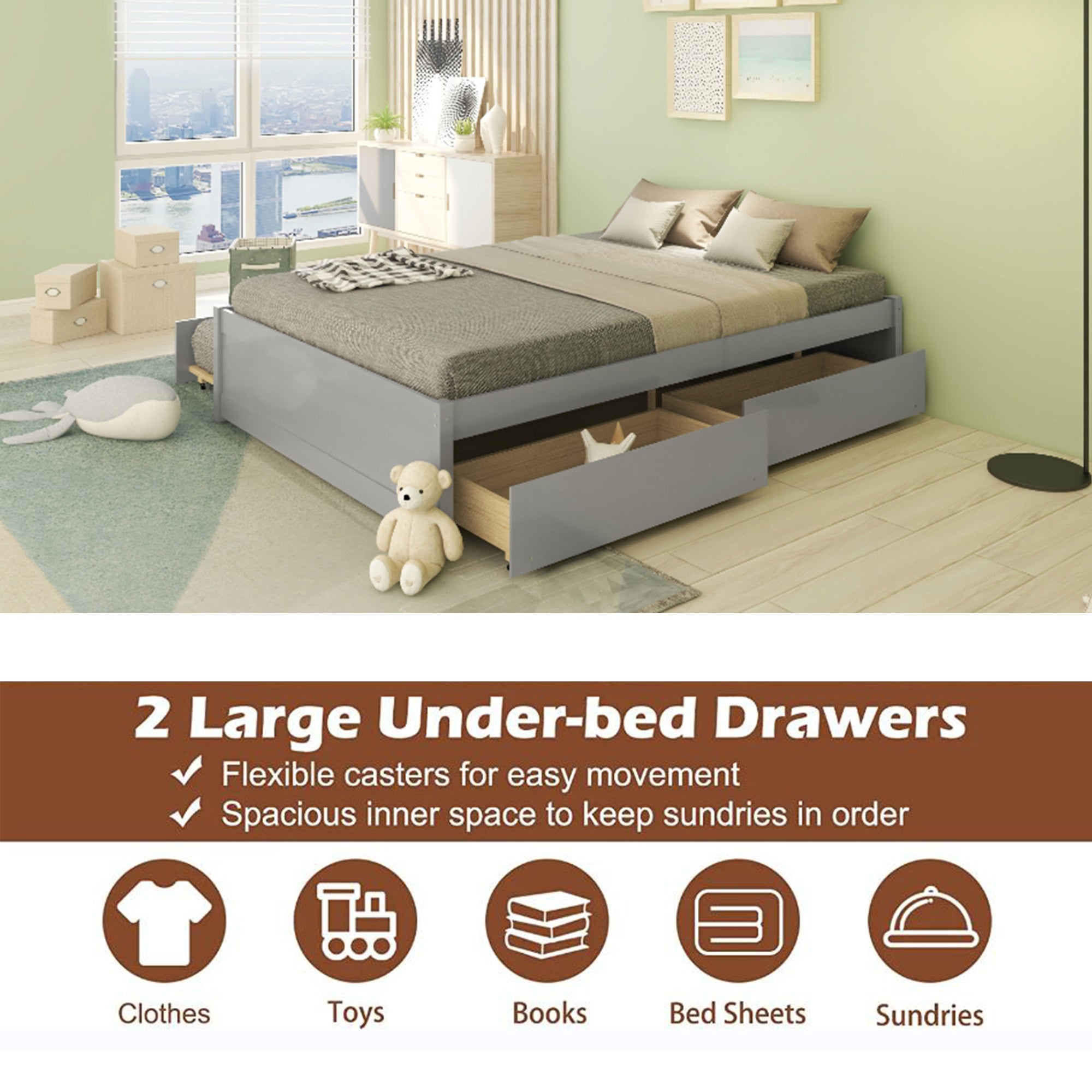 Bellemave Full Bed with Trundle and Storage, Solid Wood Full Size Platform Bed Frame with Drawers, Space-Saving Full Bed for Kids Teens and Adults (Gray)