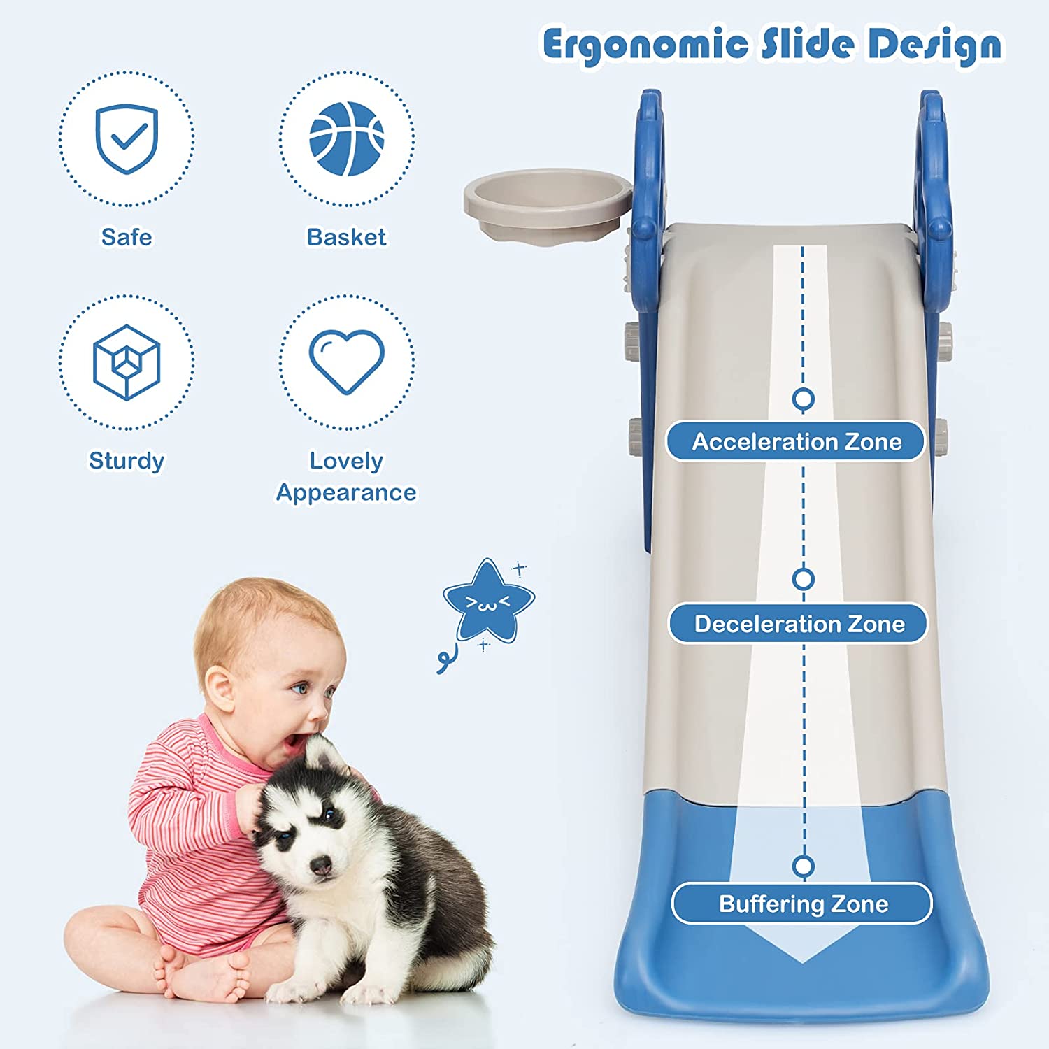 3 in 1 Slide for Kids， Toddler Slide Climber Set for Indoor Outdoor， Freestanding Baby Game Slide with Extra Long Slipping Slope， Basketball Hoop and Ball for Boys and Girls (Blue)