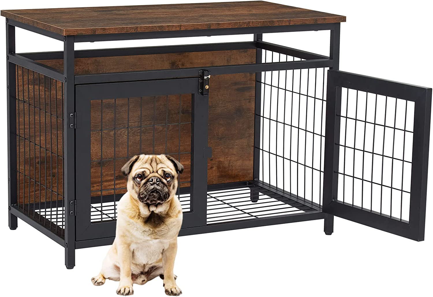 Kinsuite Wooden Dog Crate Furniture - Dog Kennels with 2 Doors Indoor Side Table for Small/Medium Dog， Decorative Mesh Pet Crate， Rustic Brown