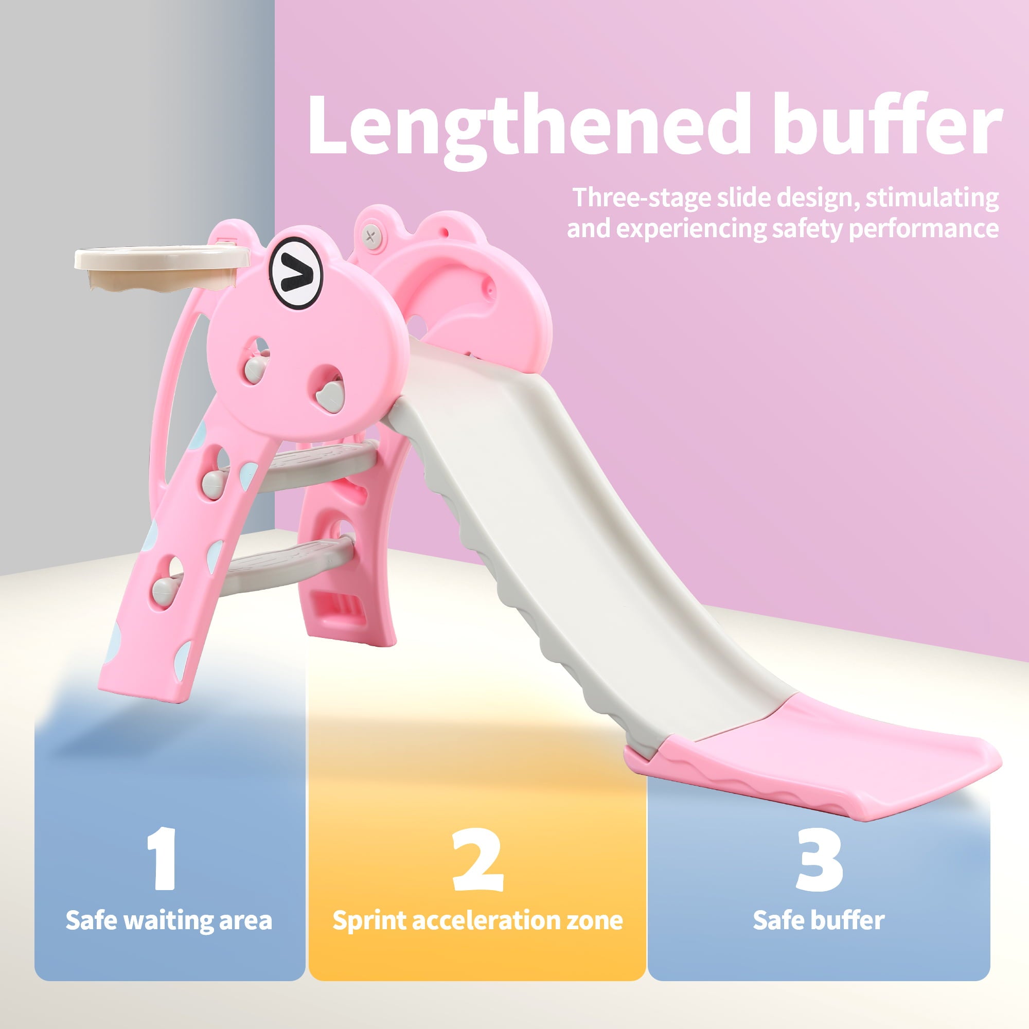 REIDIU 3 in 1 Slide for Kids， Baby Play Climber Slide Set with Extra Long Slipping Slope， Basketball Hoop and Ball， Multifunctional Household Play Slide Toy for Boys and Girls，Deer Pink