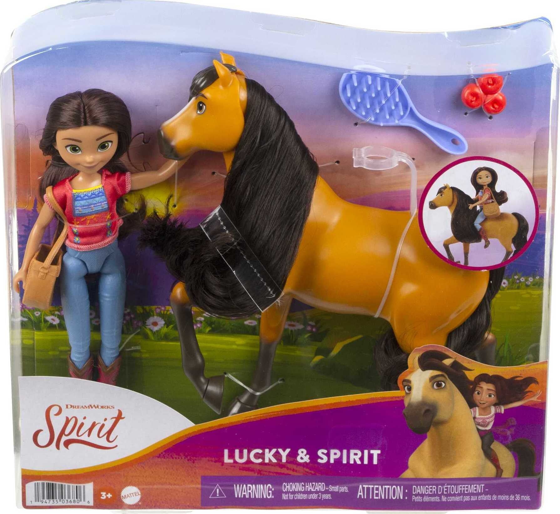 Spirit Lucky Doll .(7 in) with Fashion Top, Treats, Brush & Spirit Horse (8 in), Soft Mane & Tail, 3 & Up