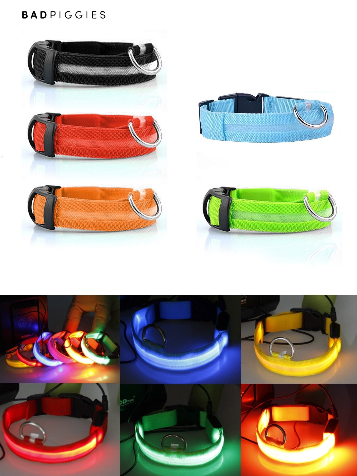 BadPiggies LED Dog Collar Pet Collar Rechargeable USB Reflective Adjustable Safety Flashing Luminous Leashes Light Up Night For Small Medium Large Dogs